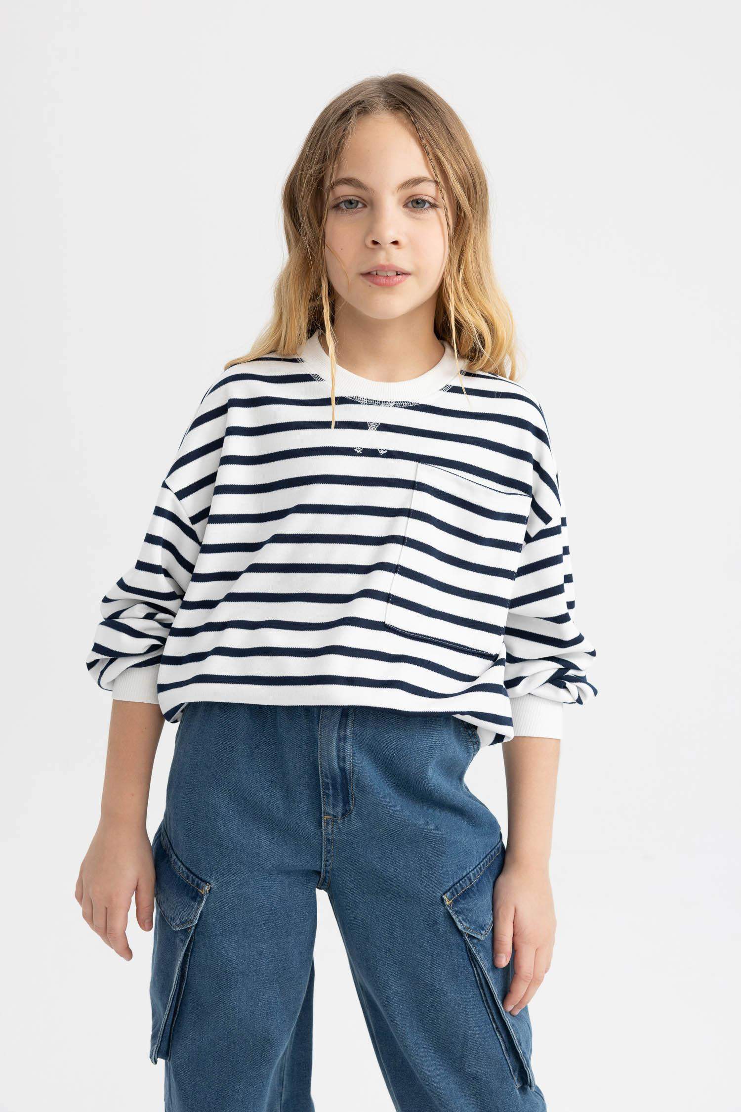 سويت شيرت مخطط بناتي قصة عادية بجيب