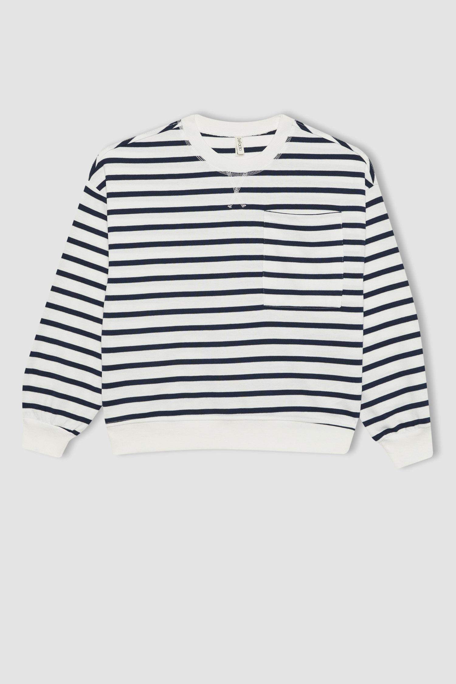 سويت شيرت مخطط بناتي قصة عادية بجيب