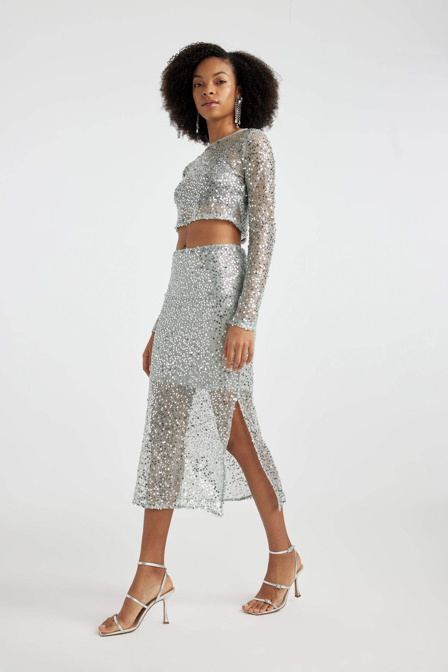 Sequined Slit Maxi Skirt