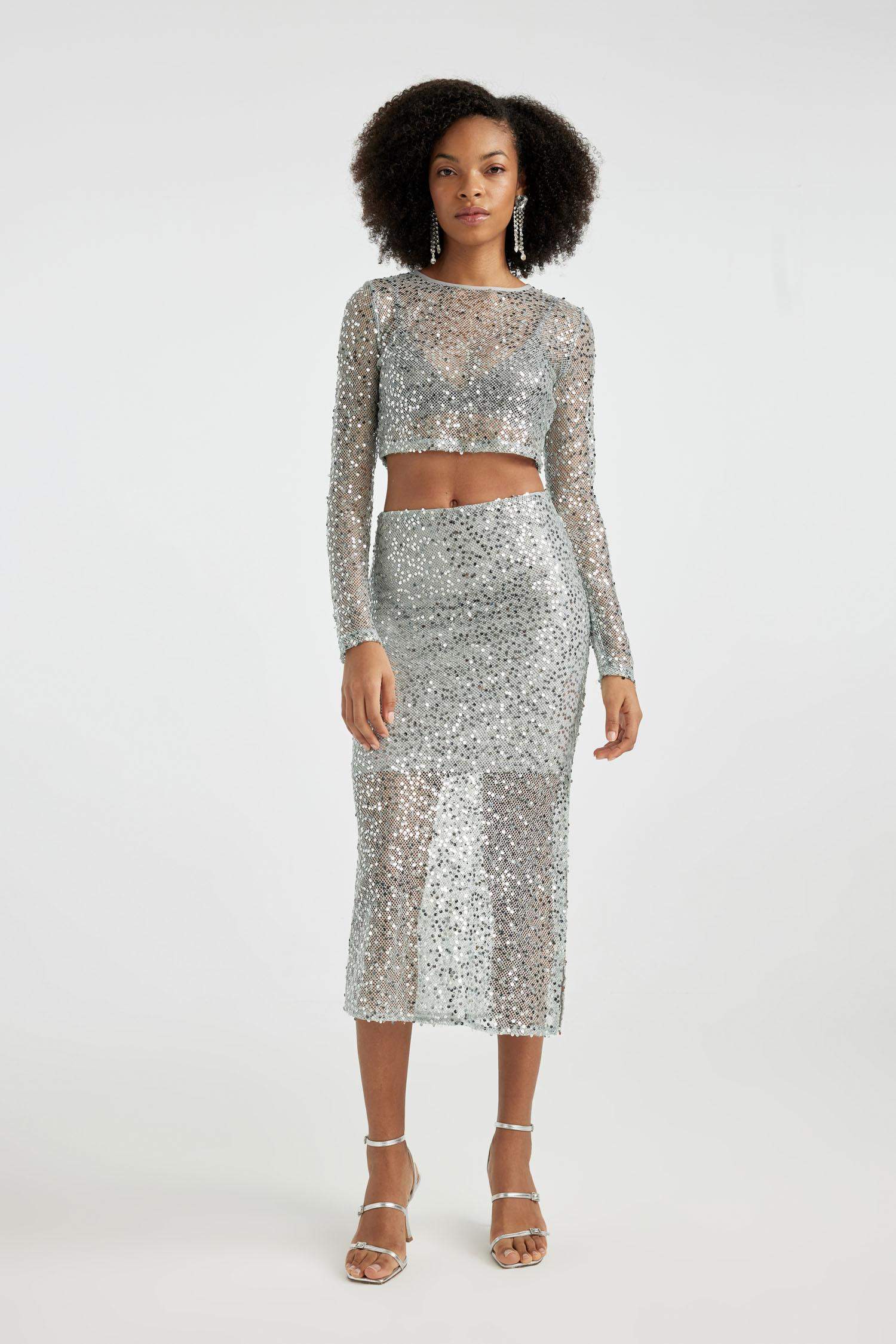 Sequined Slit Maxi Skirt