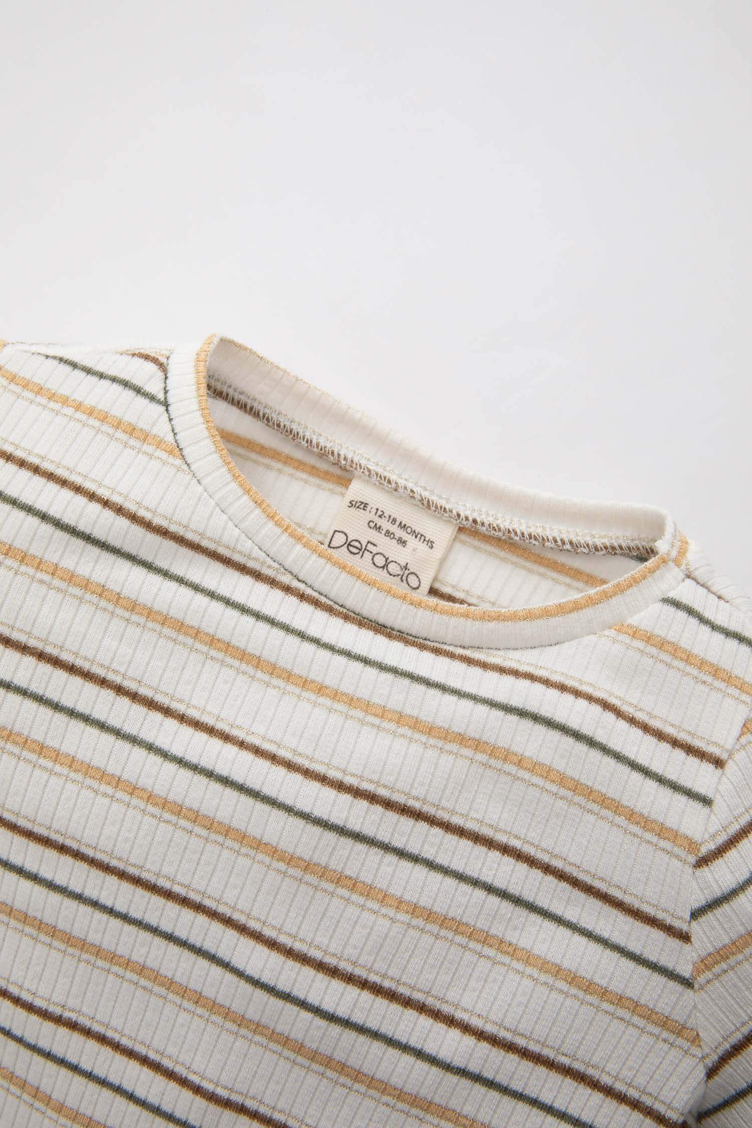 Baby Girl Crew Neck Striped Shiny Fabric T-Shirt