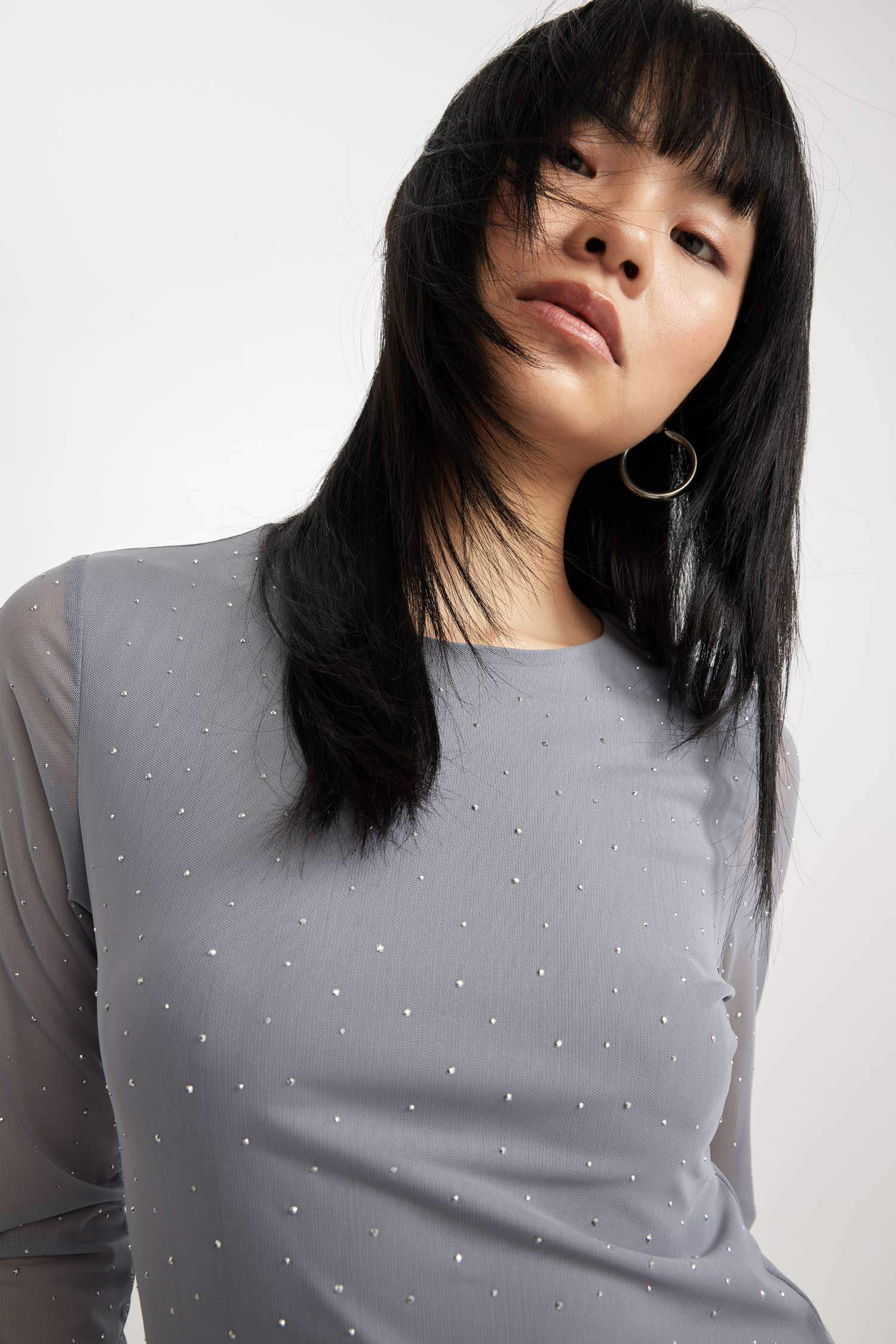 Bodycon Vücudu Saran Basic Düz Bisiklet Yaka Tül Uzun Kollu Mini Elbise