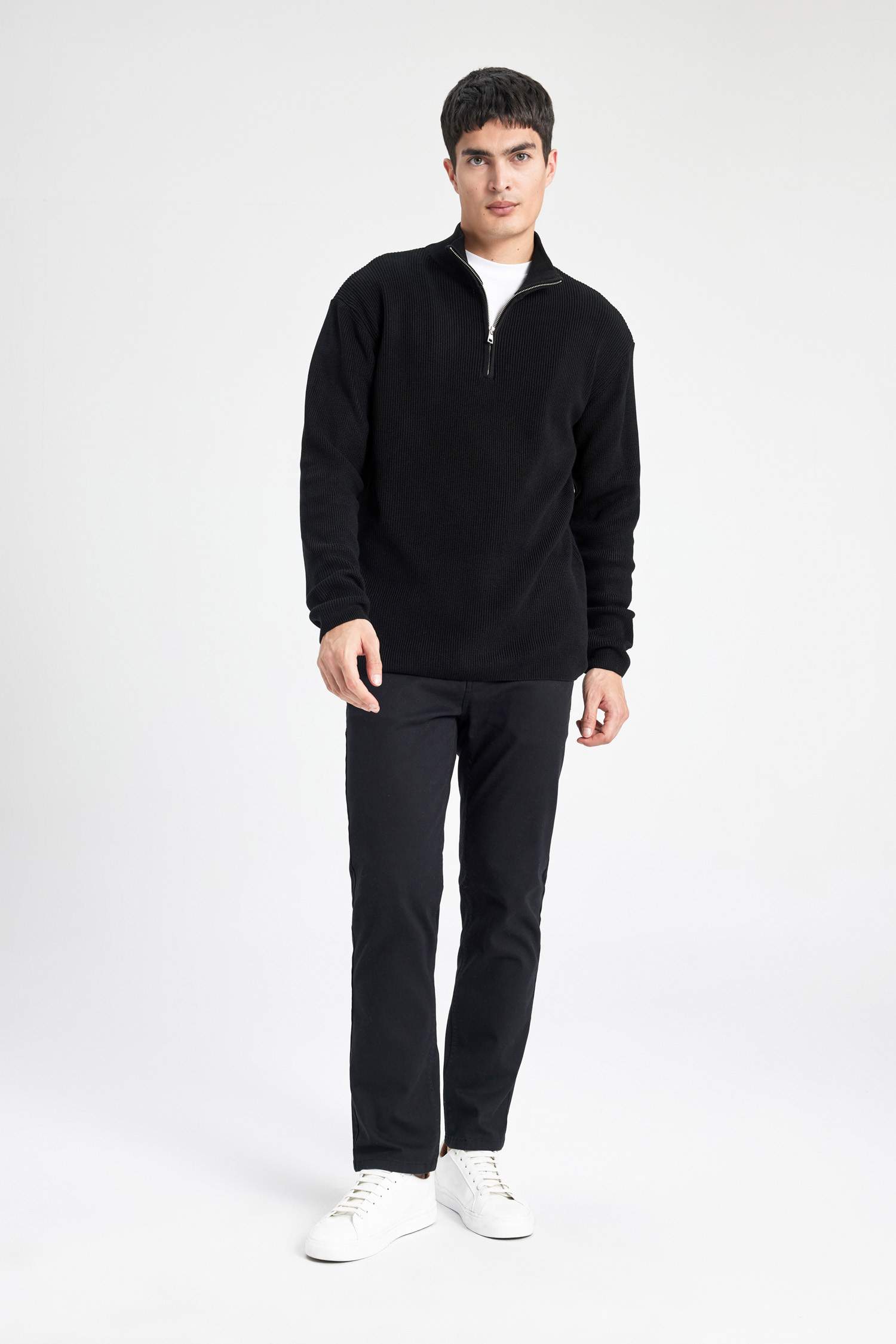 Standart Fit Normal Kesim Bato Yaka Fermuarlı Basic Düz Triko Kazak