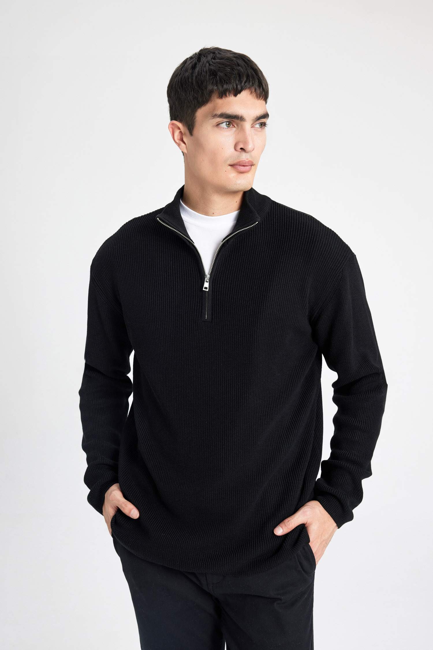 Standart Fit Normal Kesim Bato Yaka Fermuarlı Basic Düz Triko Kazak