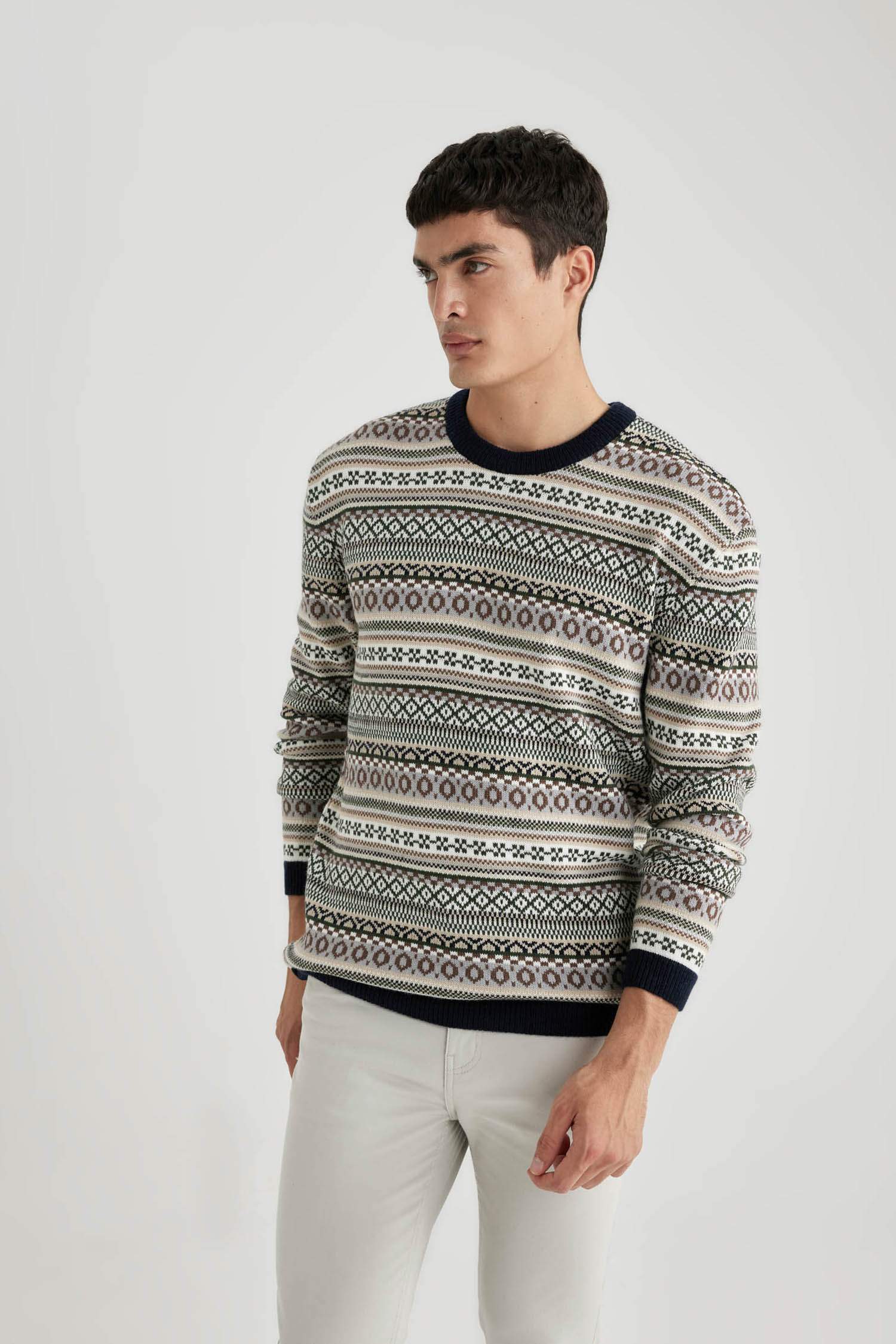 Standart Fit Normal Kesim Bisiklet Yaka Jakarlı Desenli Triko Kazak