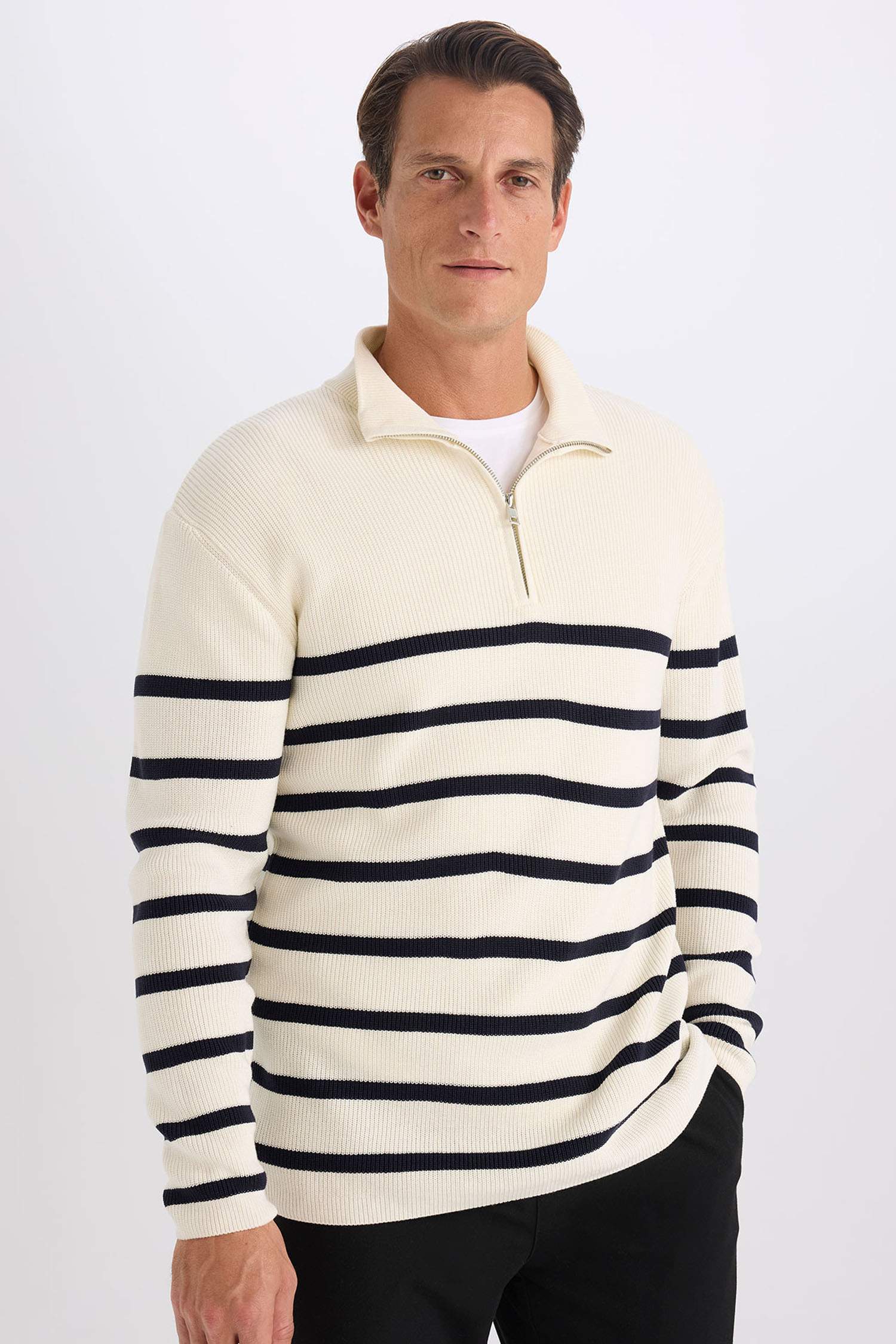 Standart Fit Normal Kesim Dik Yaka Fermuarlı Çizgili Triko Kazak