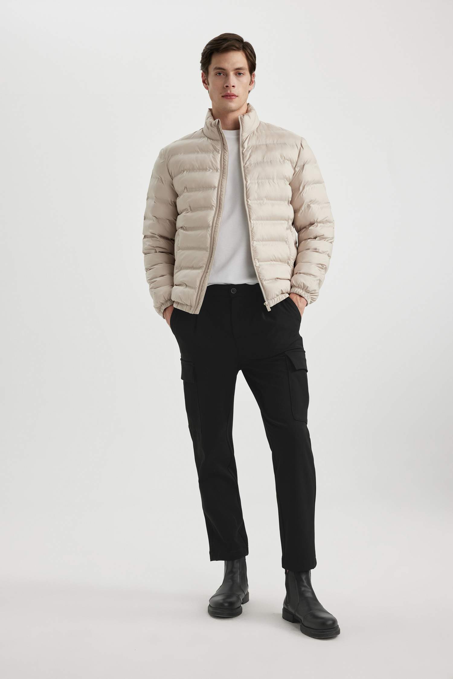 Slim Fit Mevsimlik Şişme Mont Dar Kesim Dik Yaka Fermuarlı Cepli