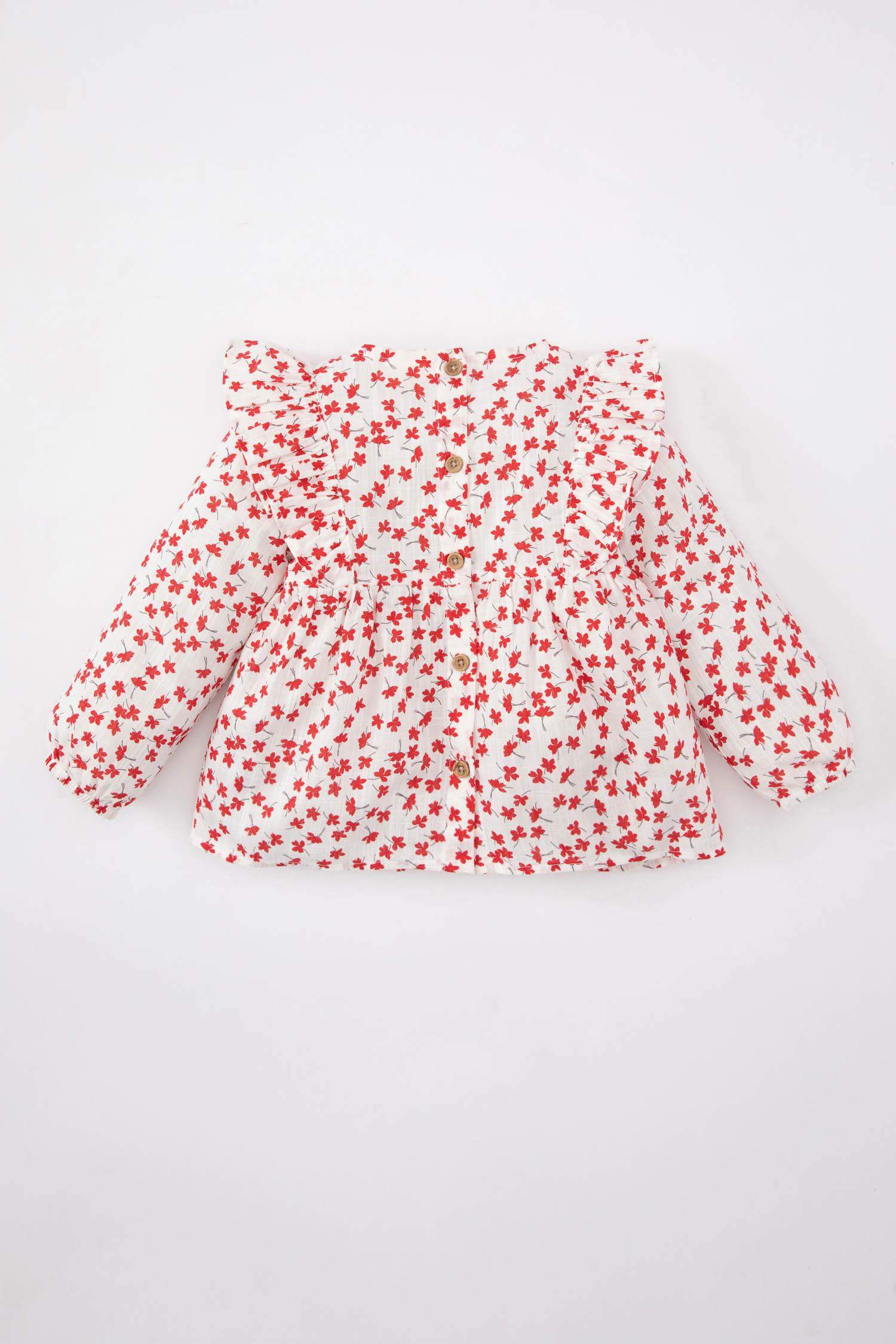 قميص بناتي بنقشة الزهور قصة عادية برقبة مستديرة