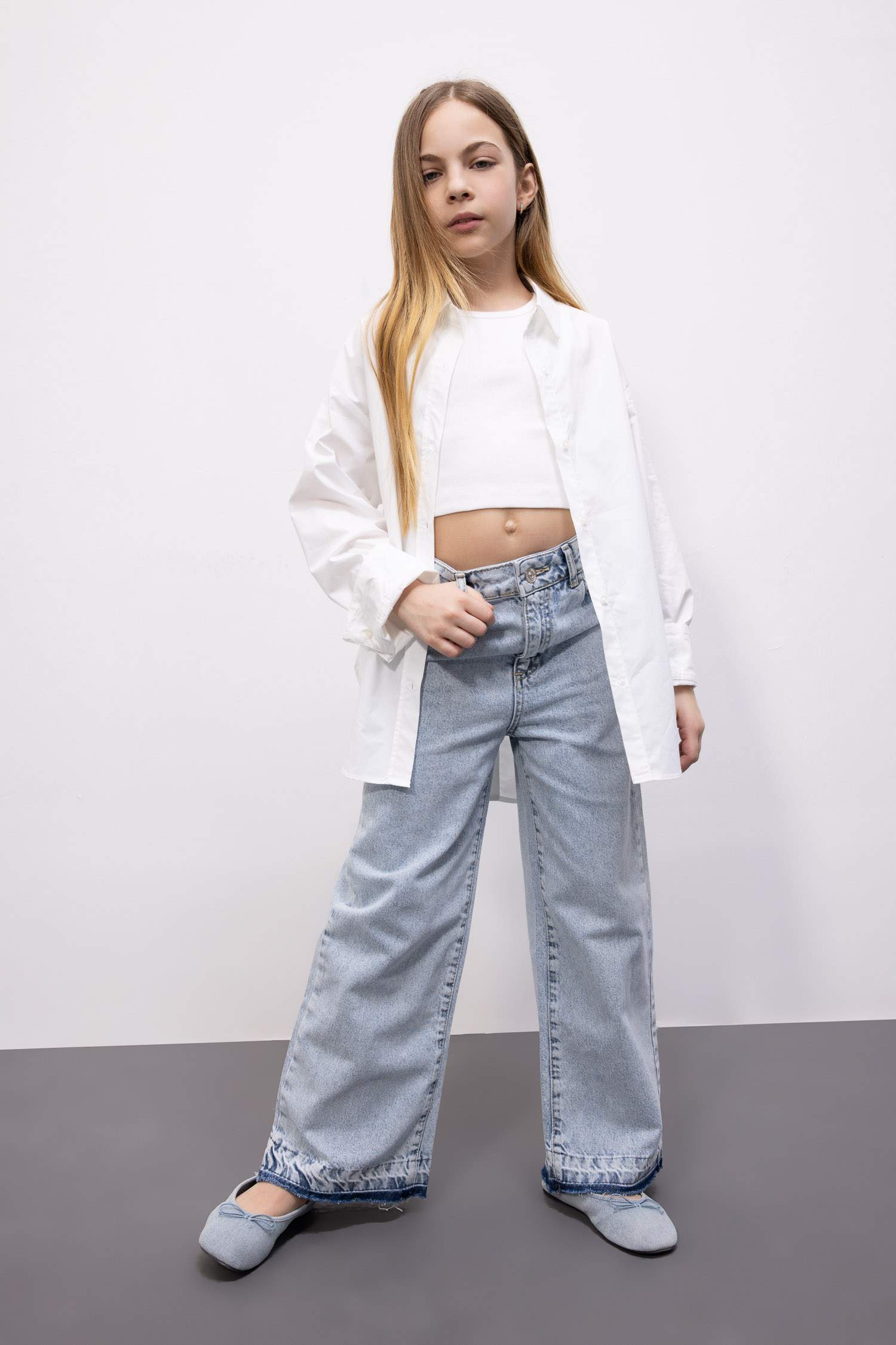 بنطلون بناتي وايد ليج برجل واسع بجيب