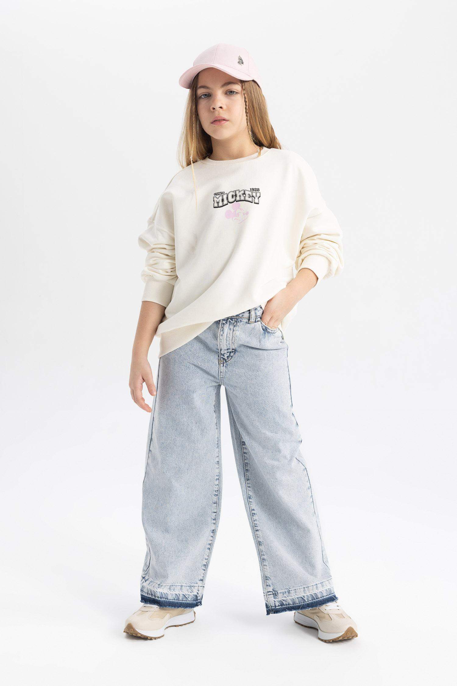 بنطلون بناتي وايد ليج برجل واسع بجيب