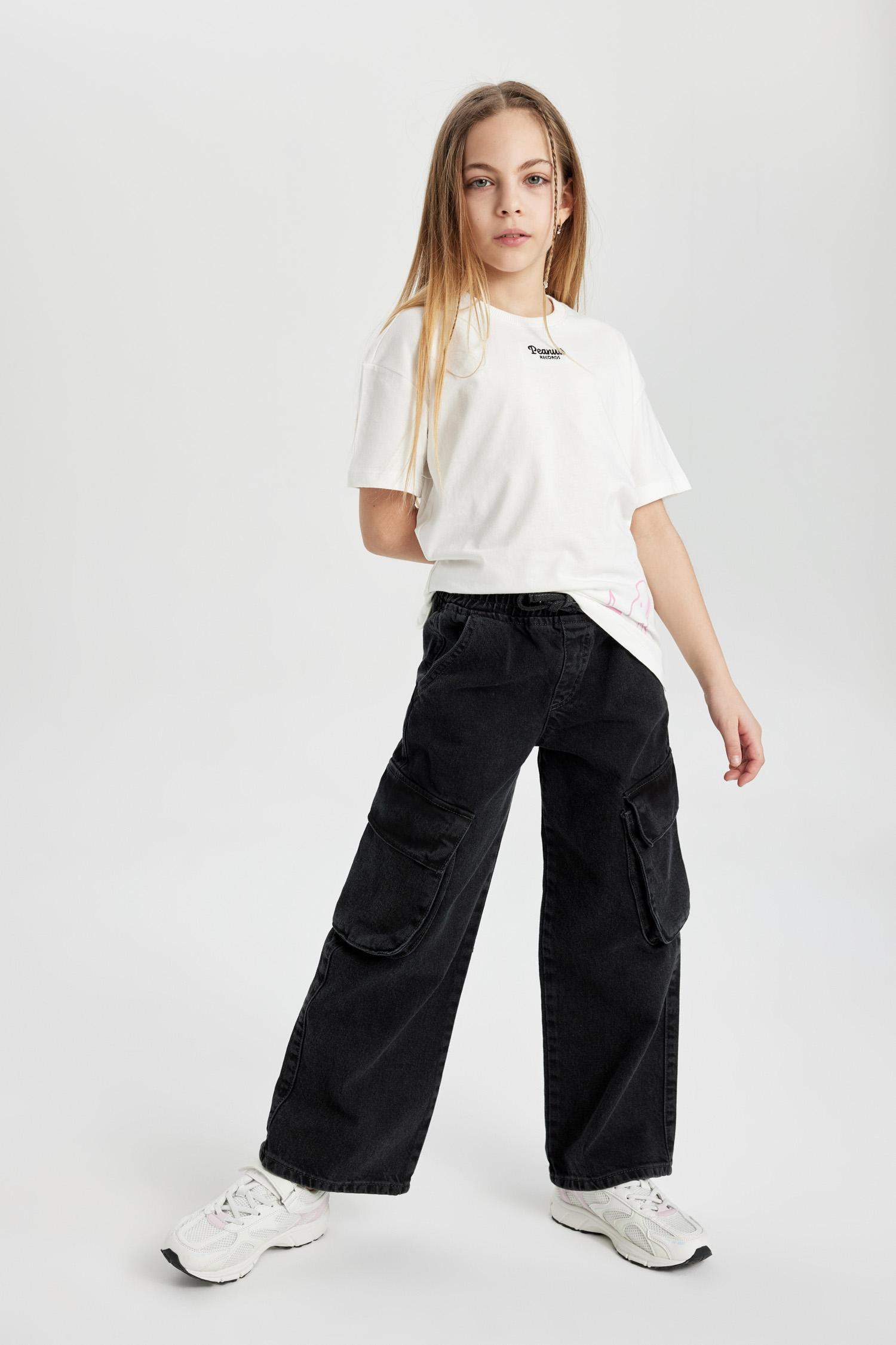 بنطرون جينز كارجو بناتي وايد ليج برجل واسع بجيب