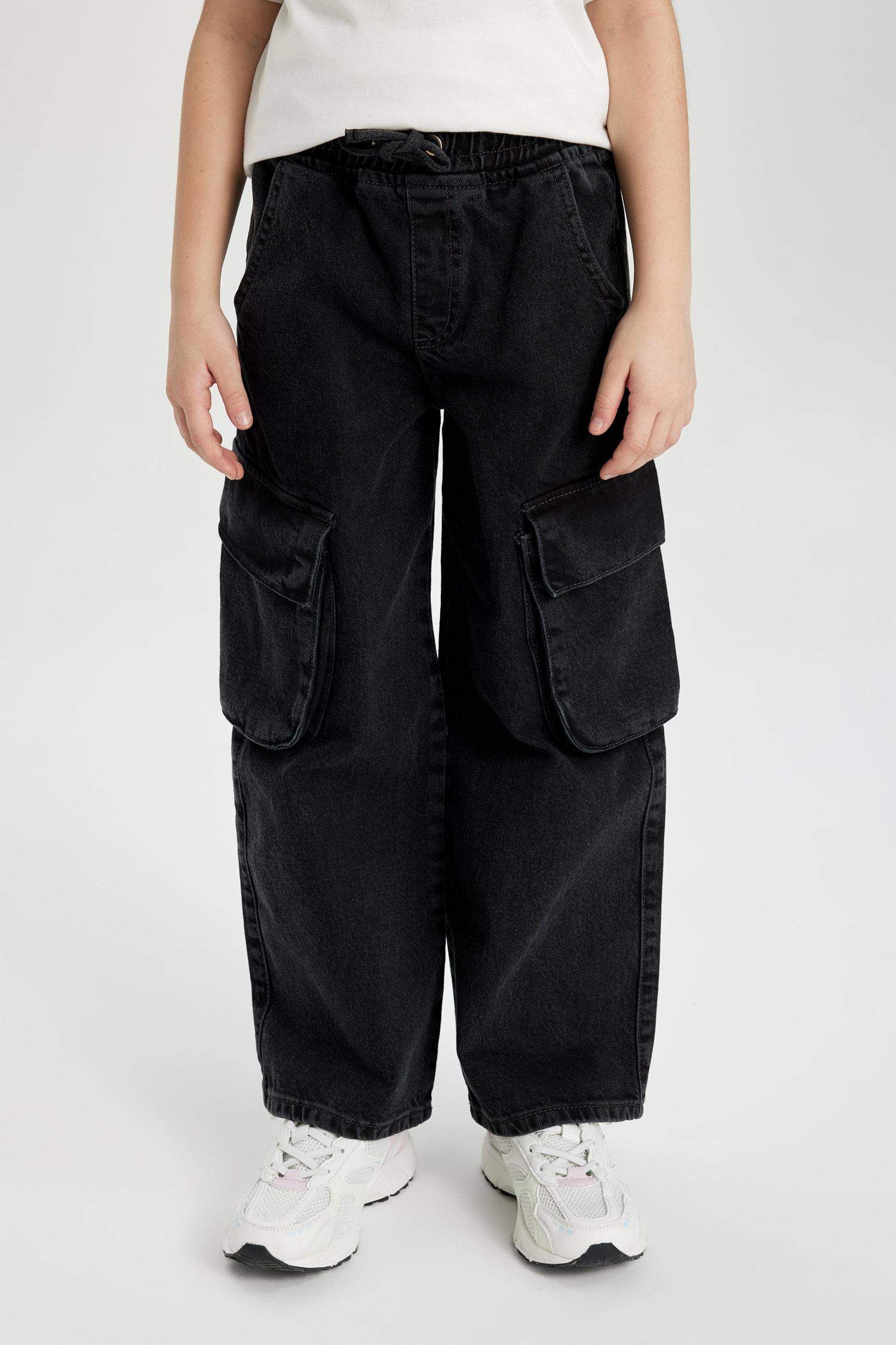 بنطرون جينز كارجو بناتي وايد ليج برجل واسع بجيب