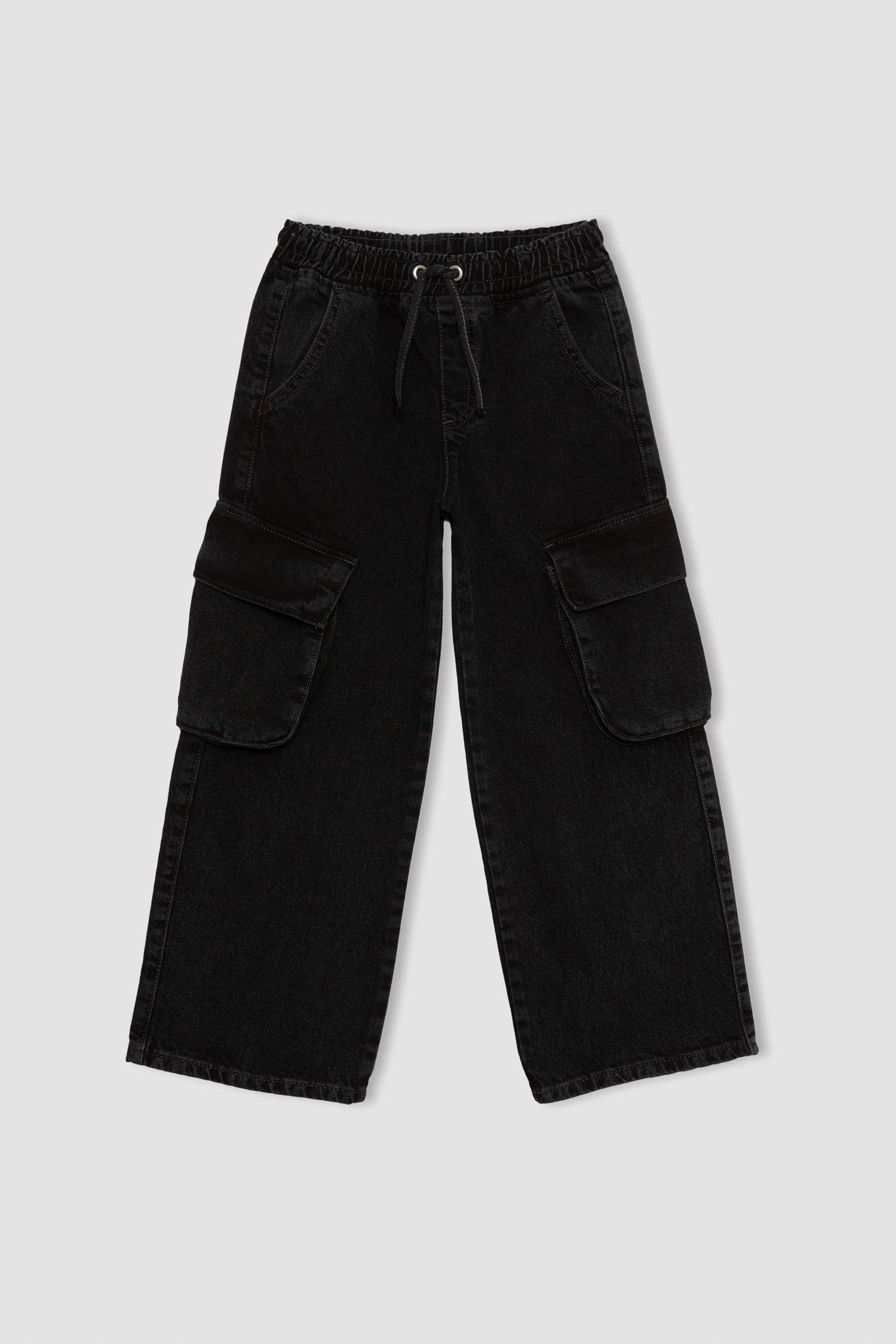 بنطرون جينز كارجو بناتي وايد ليج برجل واسع بجيب