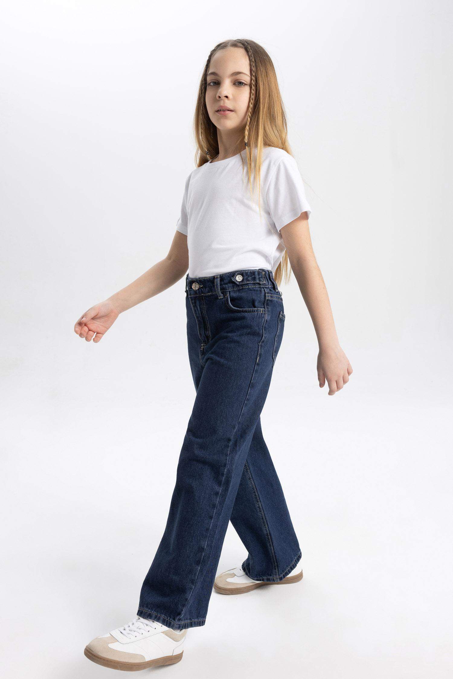 بنطلون بناتي وايد ليج برجل واسع بجيب