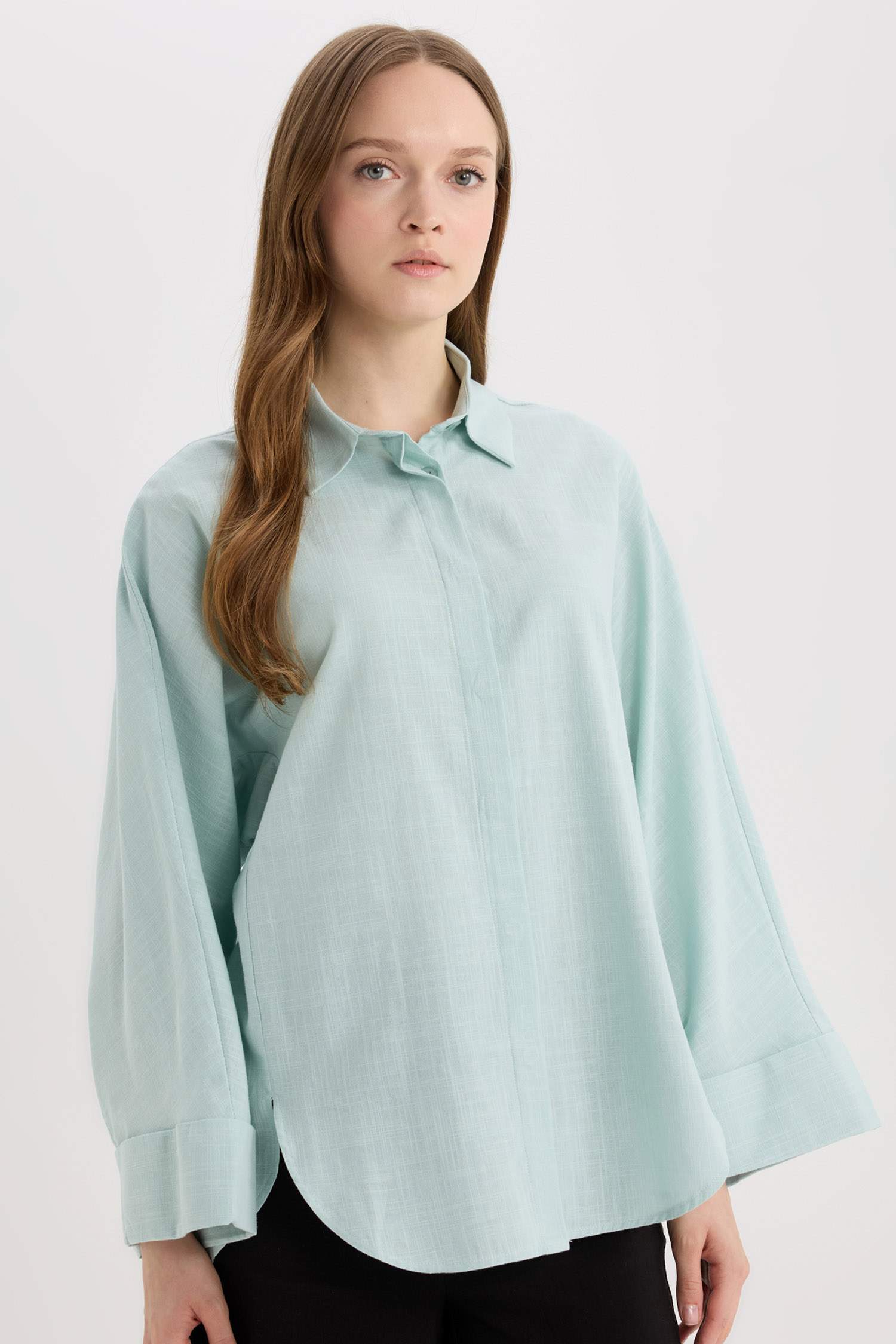 تونيك قميص كم طويل من مزيج الكتان