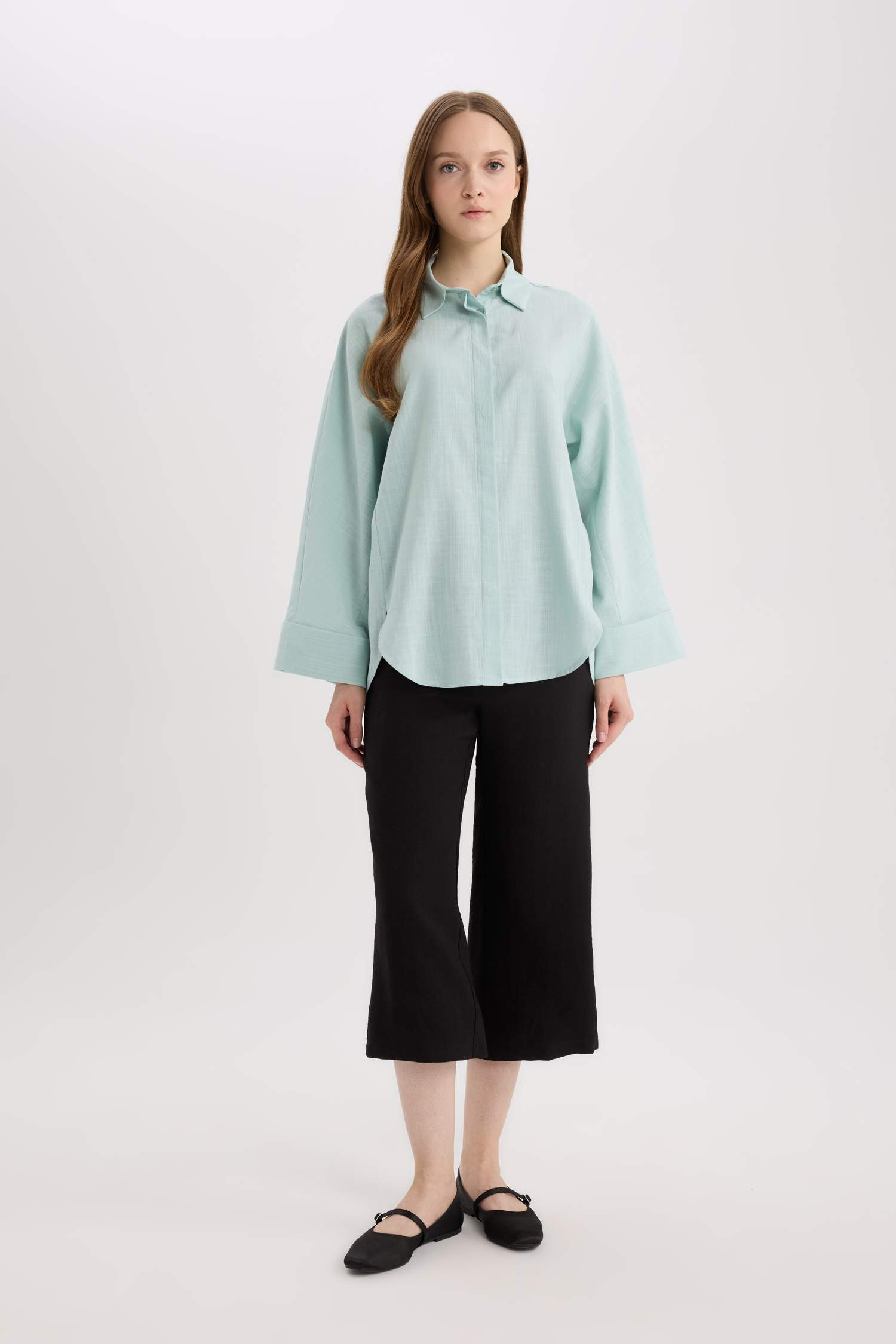 تونيك قميص كم طويل من مزيج الكتان