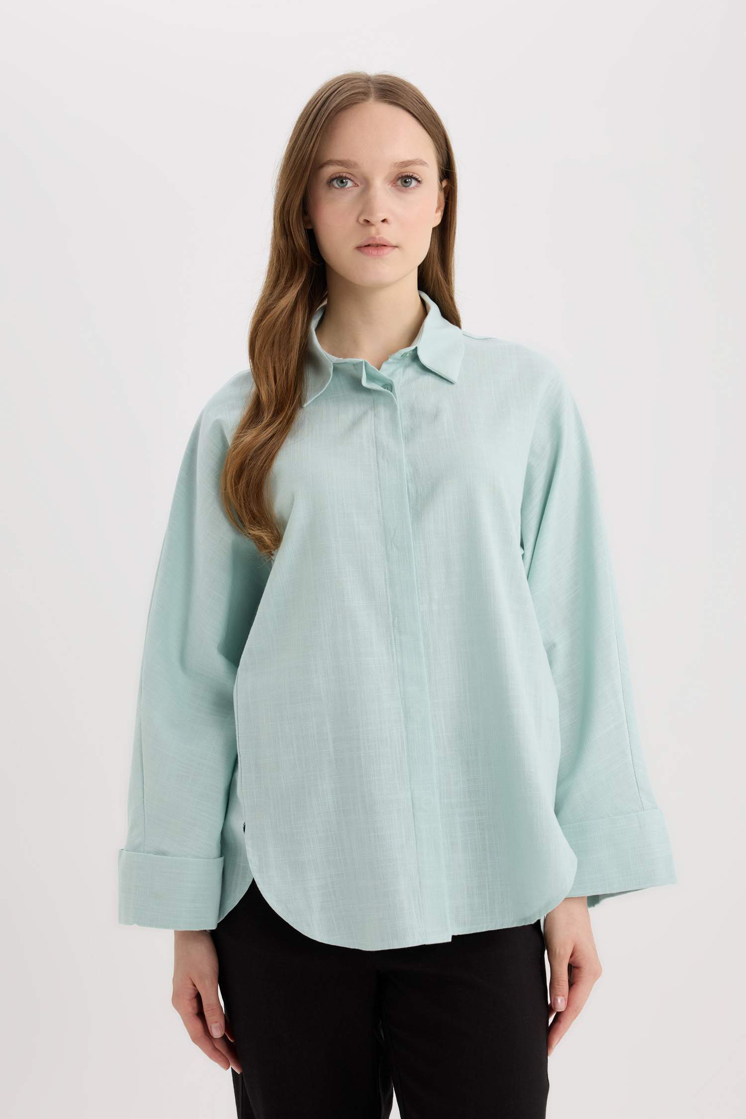 تونيك قميص كم طويل من مزيج الكتان