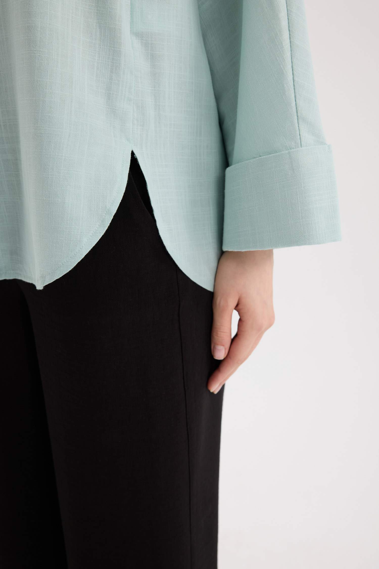 تونيك قميص كم طويل من مزيج الكتان