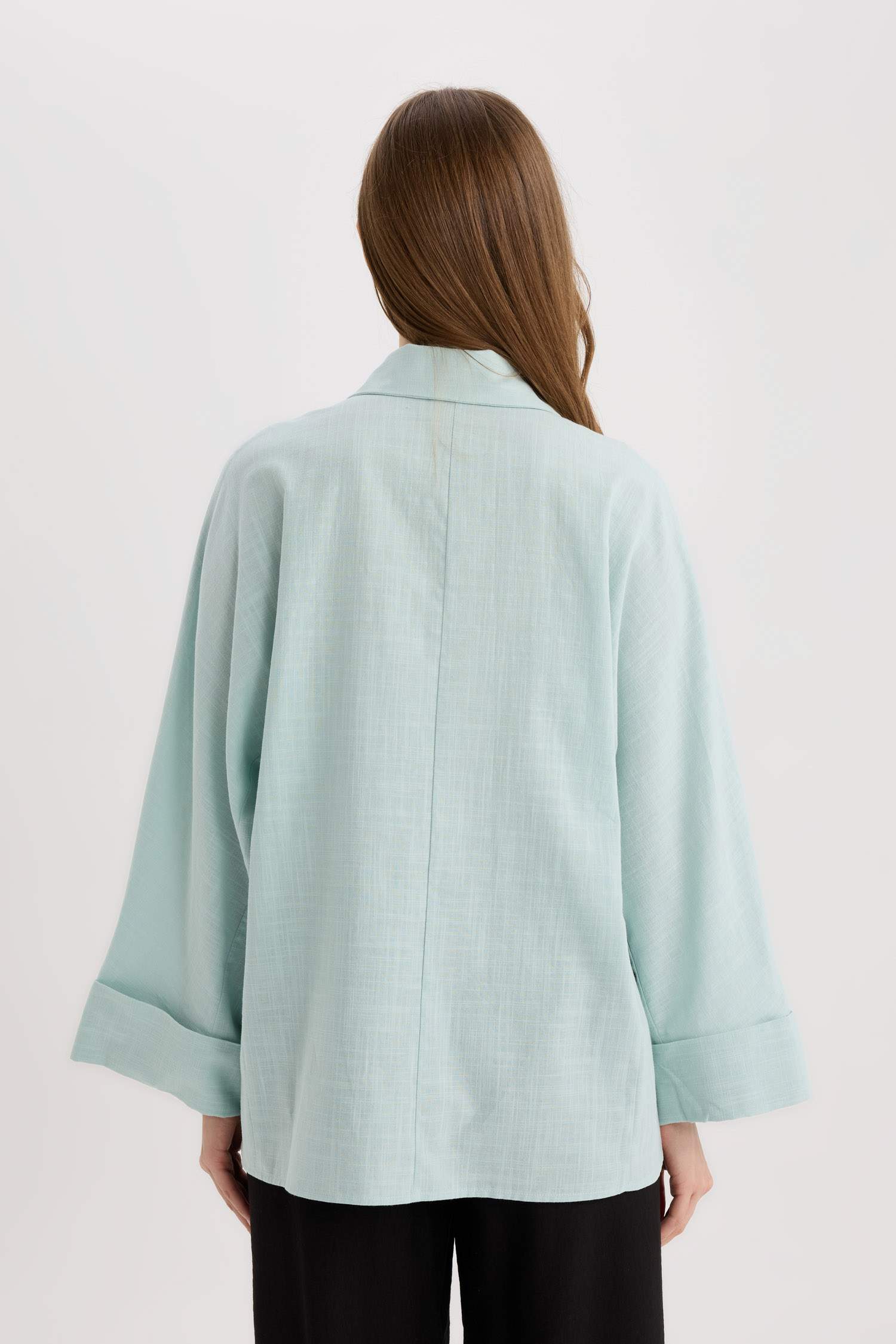 تونيك قميص كم طويل من مزيج الكتان