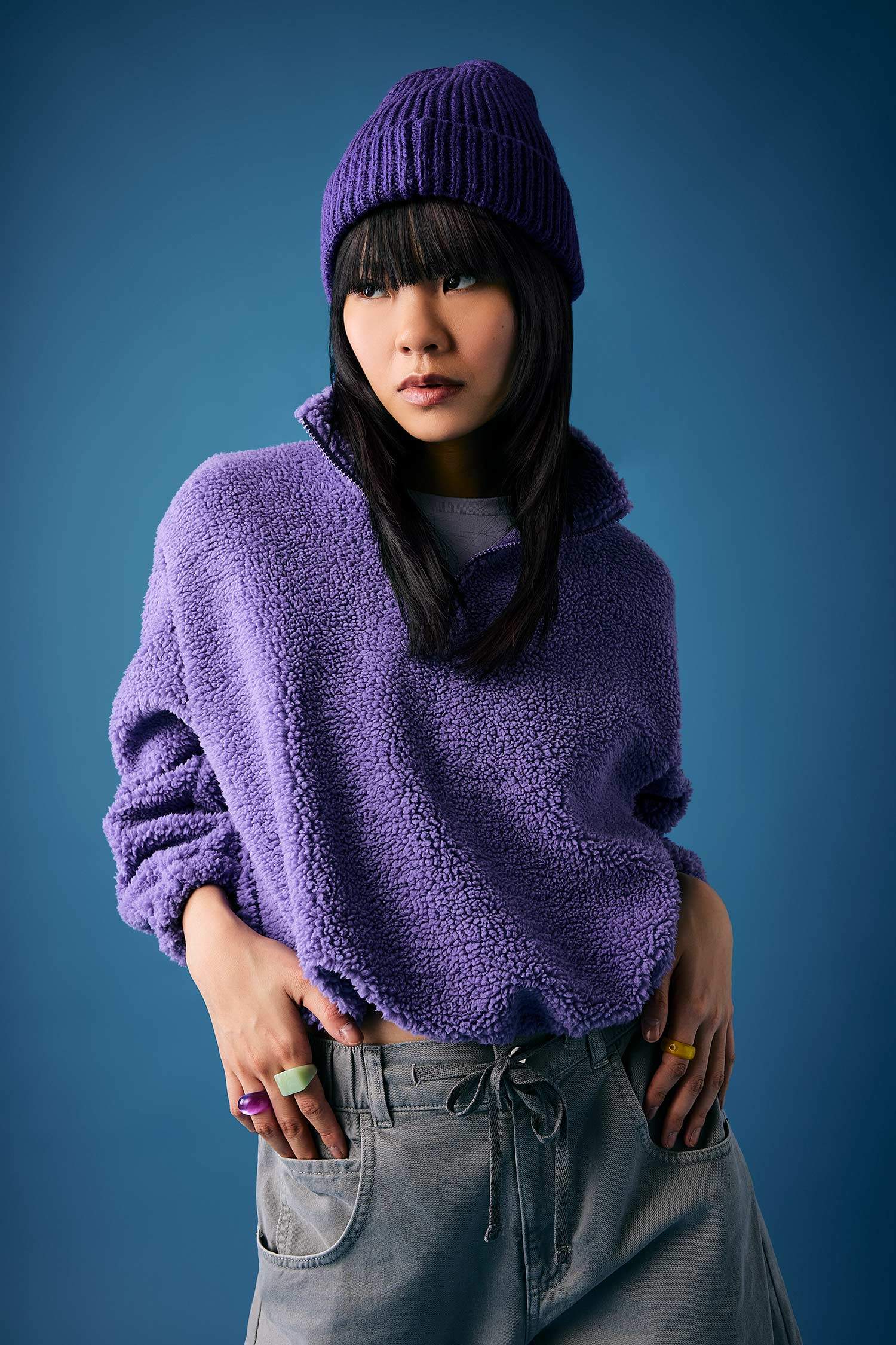 Oversize Fit Zippered Stand Collar Basic Plush Sweatshirt