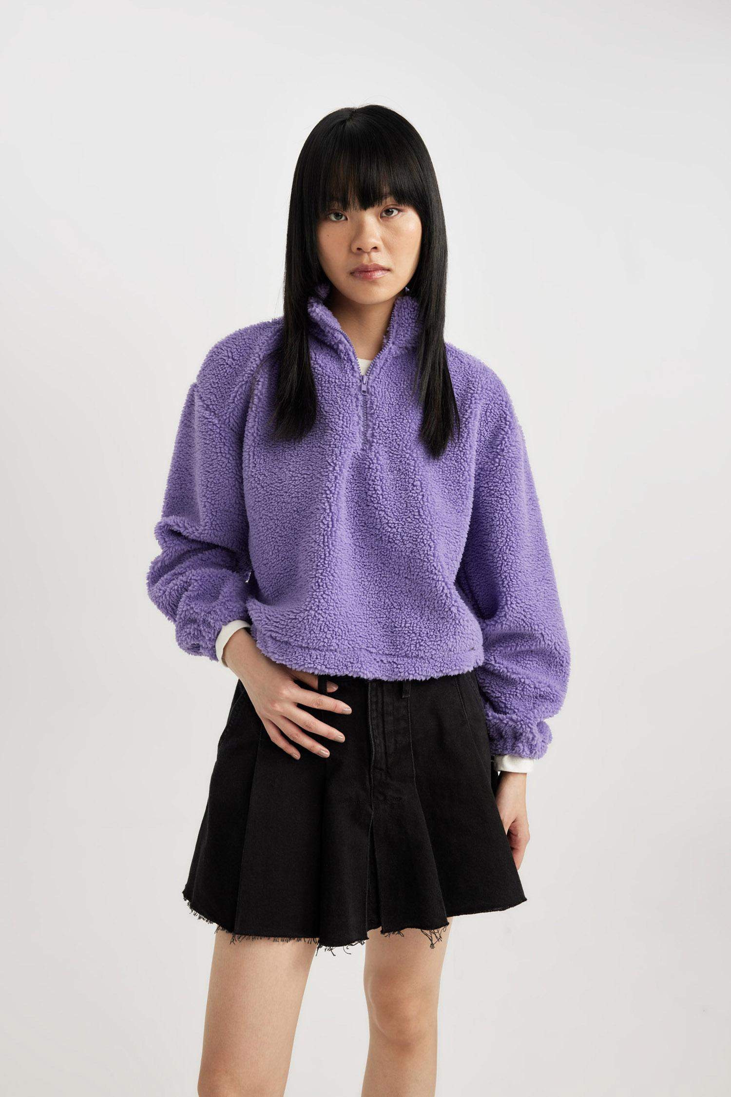 Oversize Fit Zippered Stand Collar Basic Plush Sweatshirt