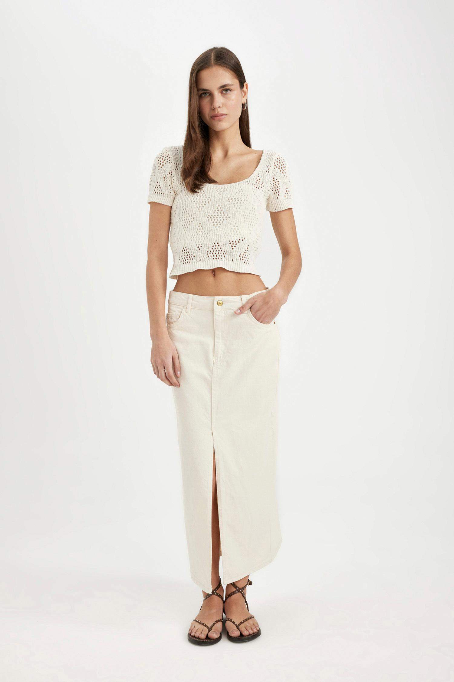 Yırtmaçlı Uzun Boy Jean Etek