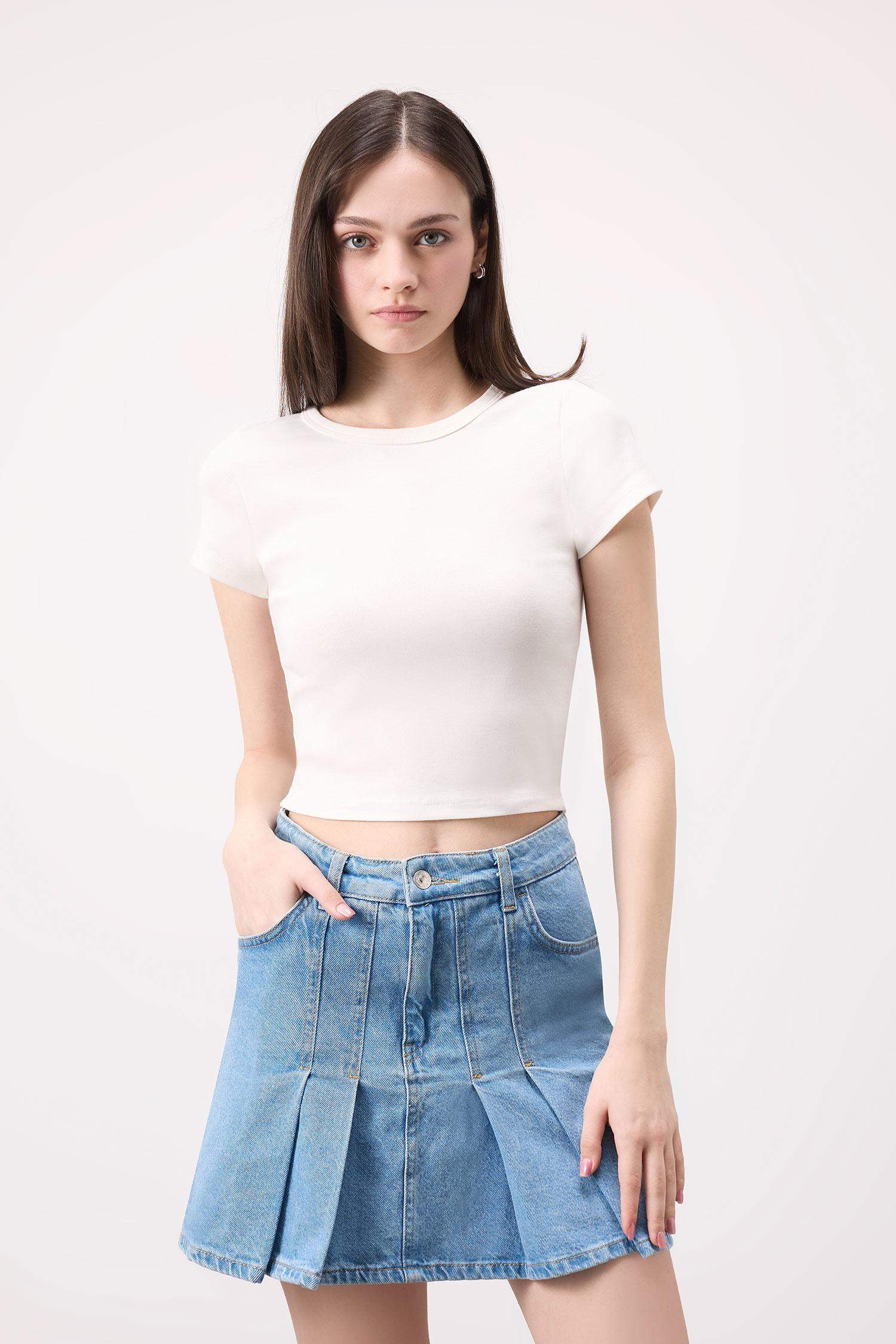 Fashion Fit Pileli Jean Mini Etek