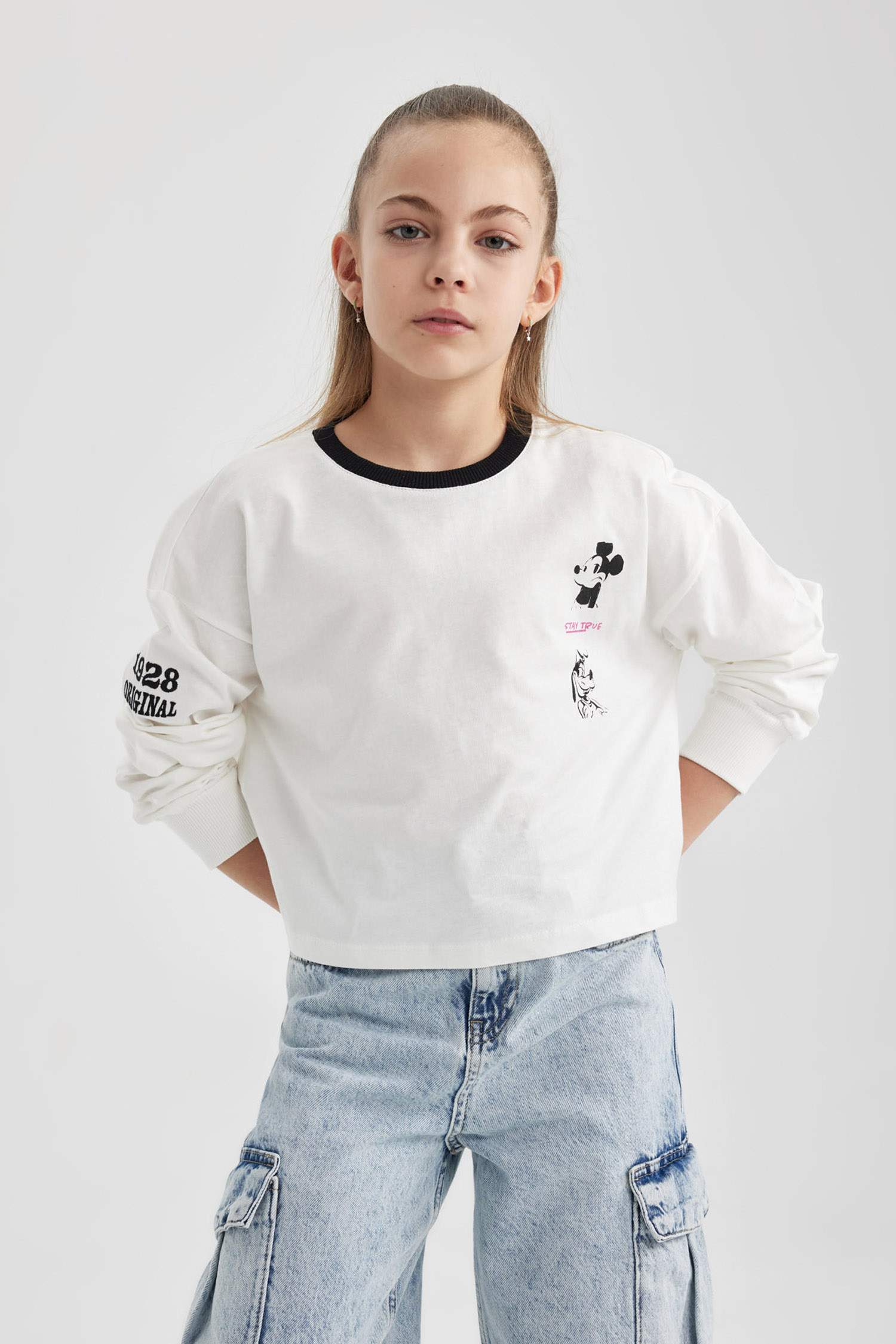 Girl Disney Mickey & Minnie Crop Crew Neck Cotton T-Shirt