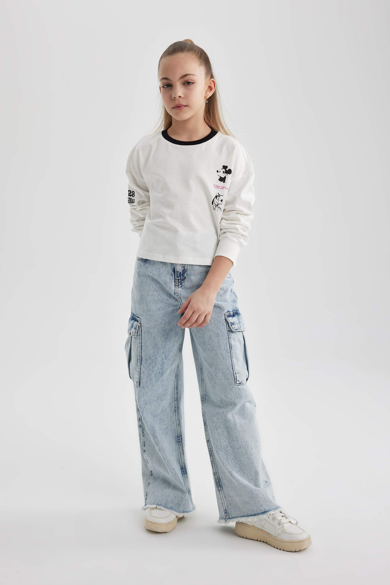 Girl Disney Mickey & Minnie Crop Crew Neck Cotton T-Shirt