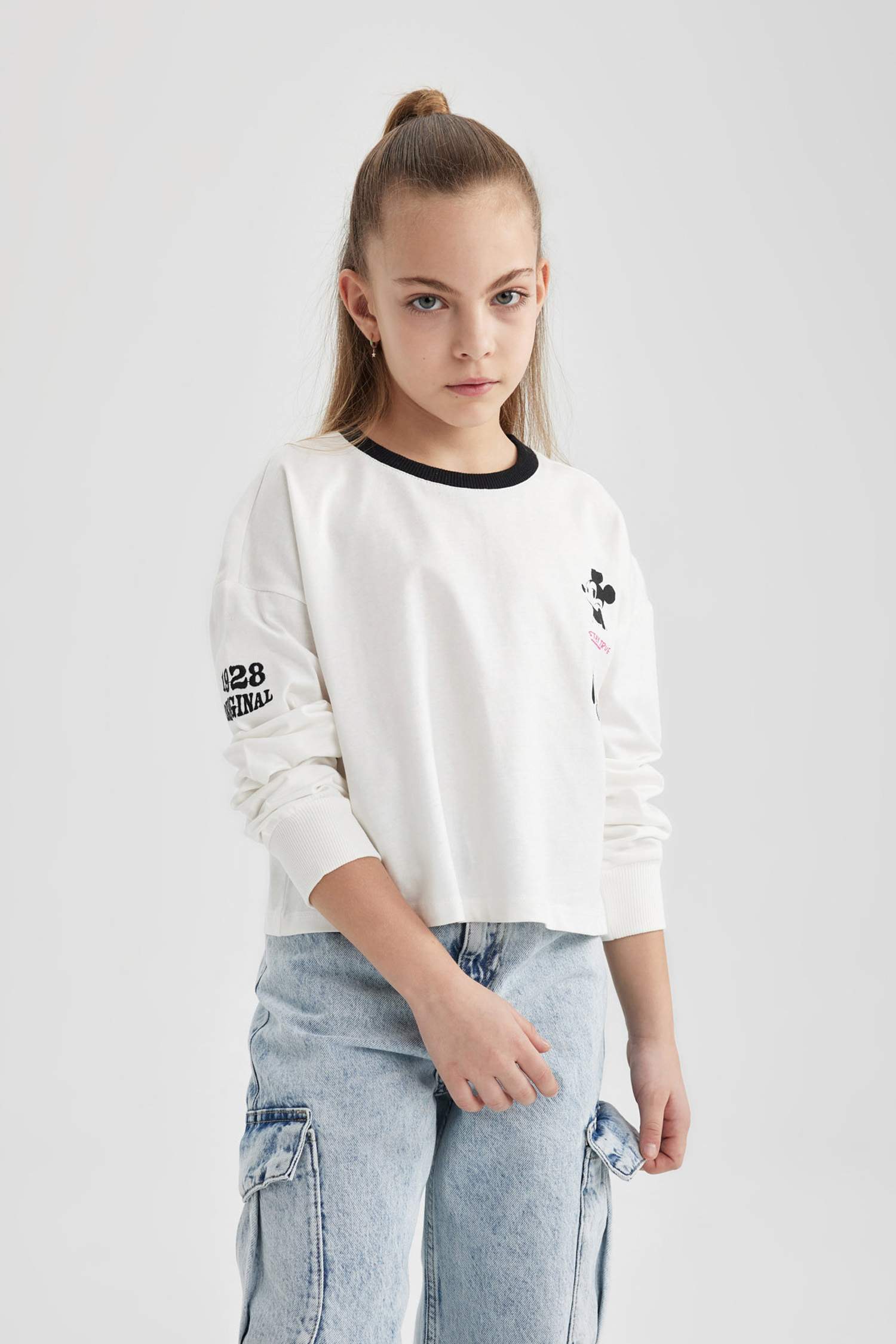 Girl Disney Mickey & Minnie Crop Crew Neck Cotton T-Shirt