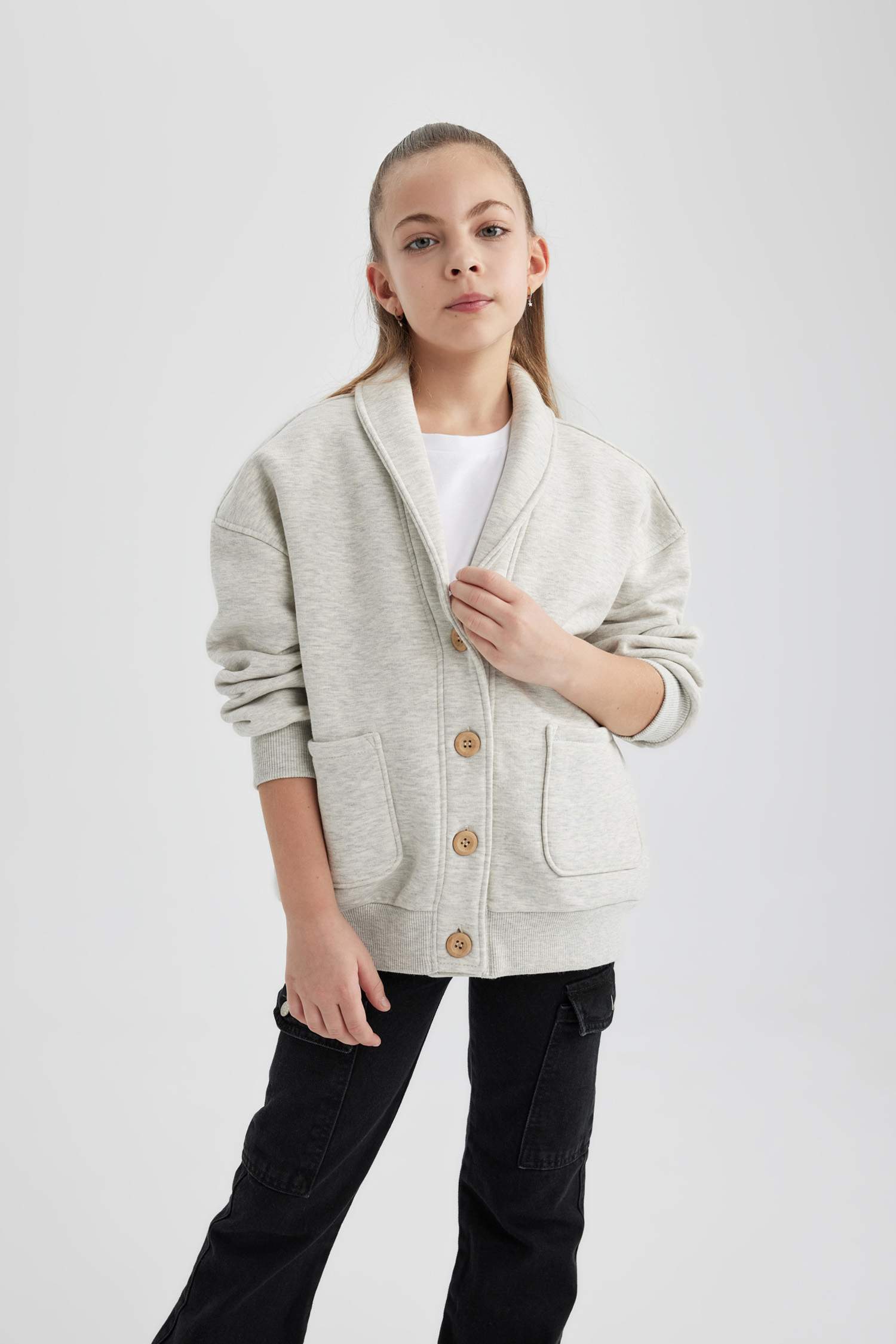 Kız Çocuk Ceket Yaka İçi Yumuşak Tüylü Düğmeli Hırka