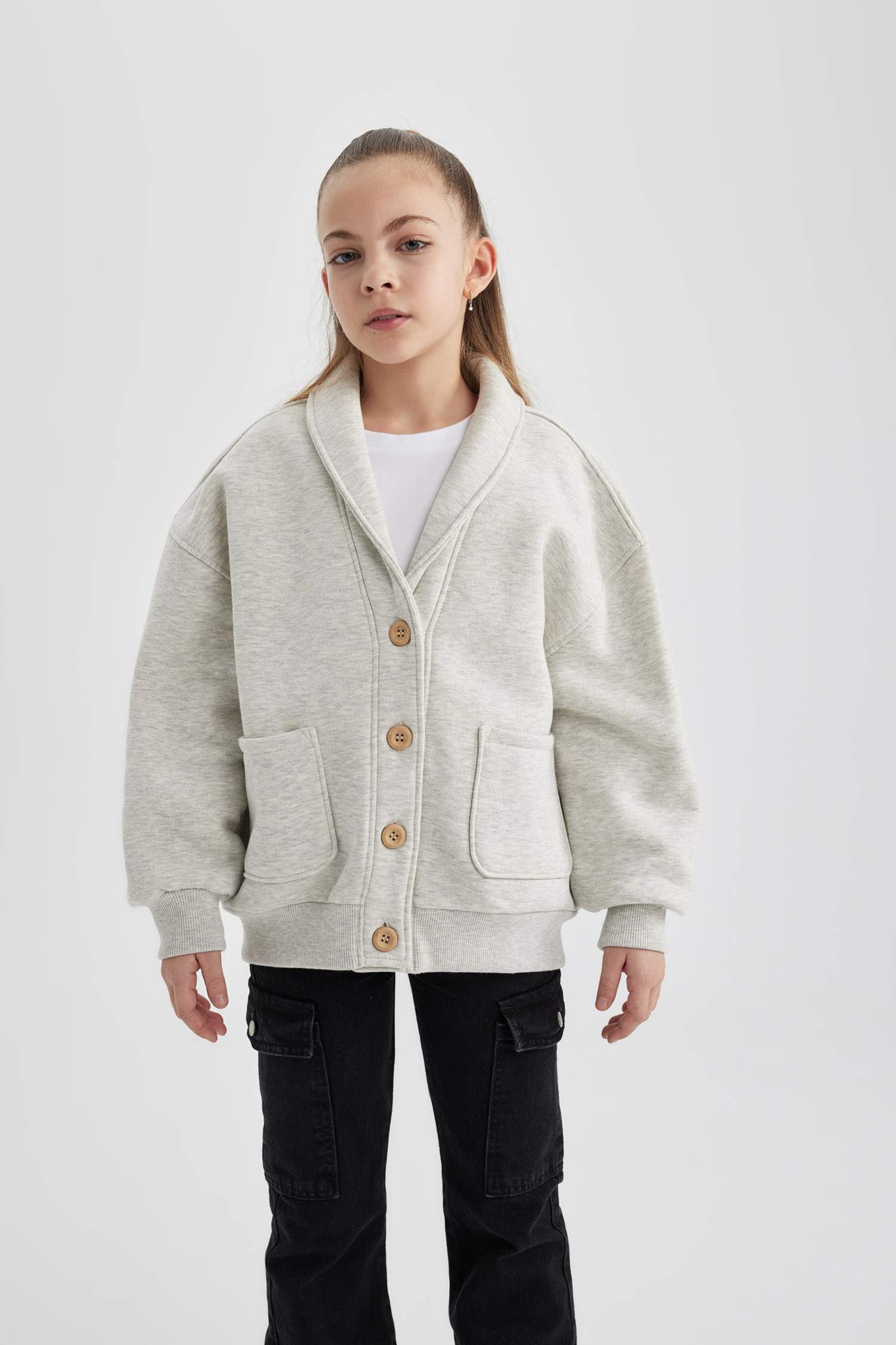 Kız Çocuk Ceket Yaka İçi Yumuşak Tüylü Düğmeli Hırka