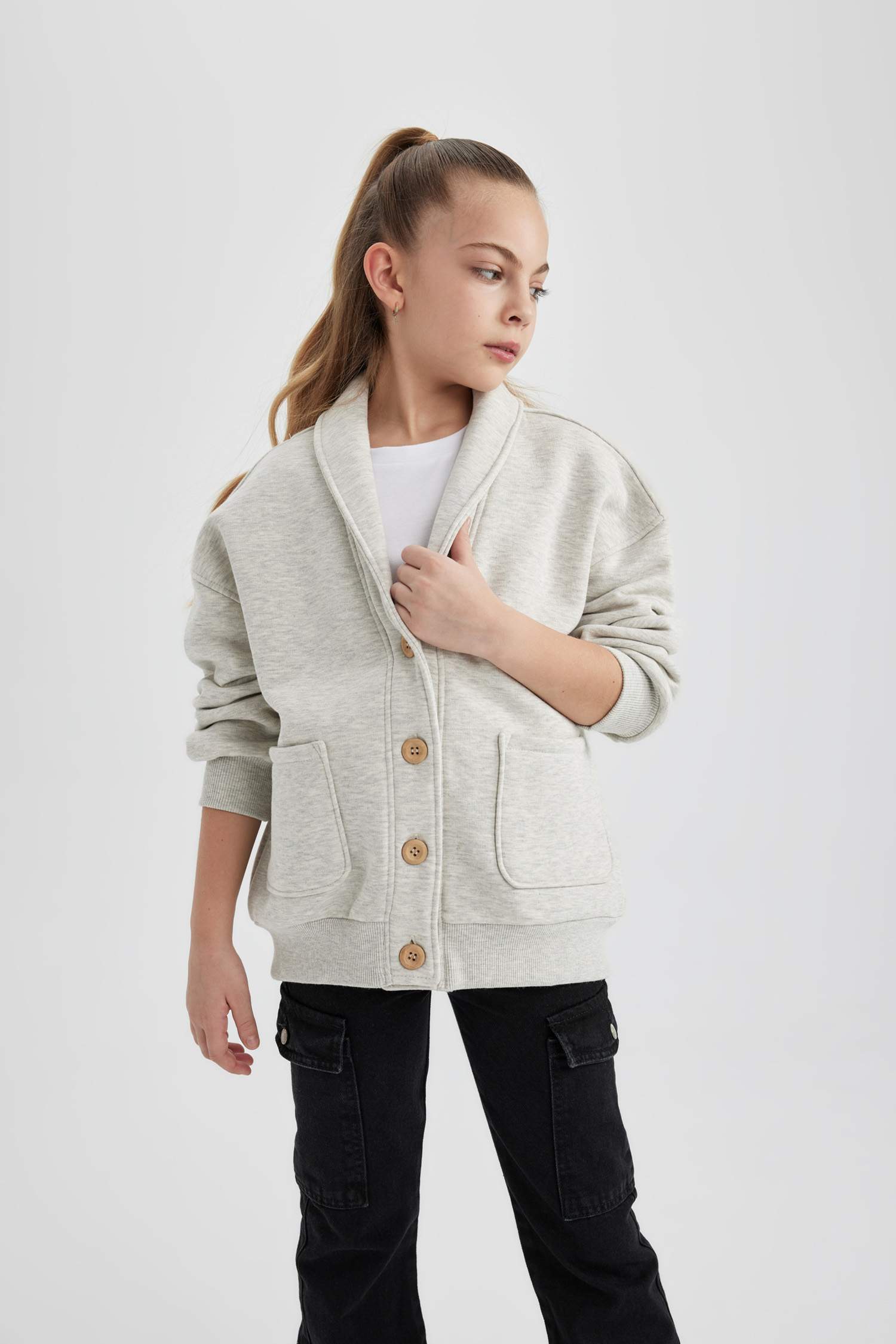 Kız Çocuk Ceket Yaka İçi Yumuşak Tüylü Düğmeli Hırka