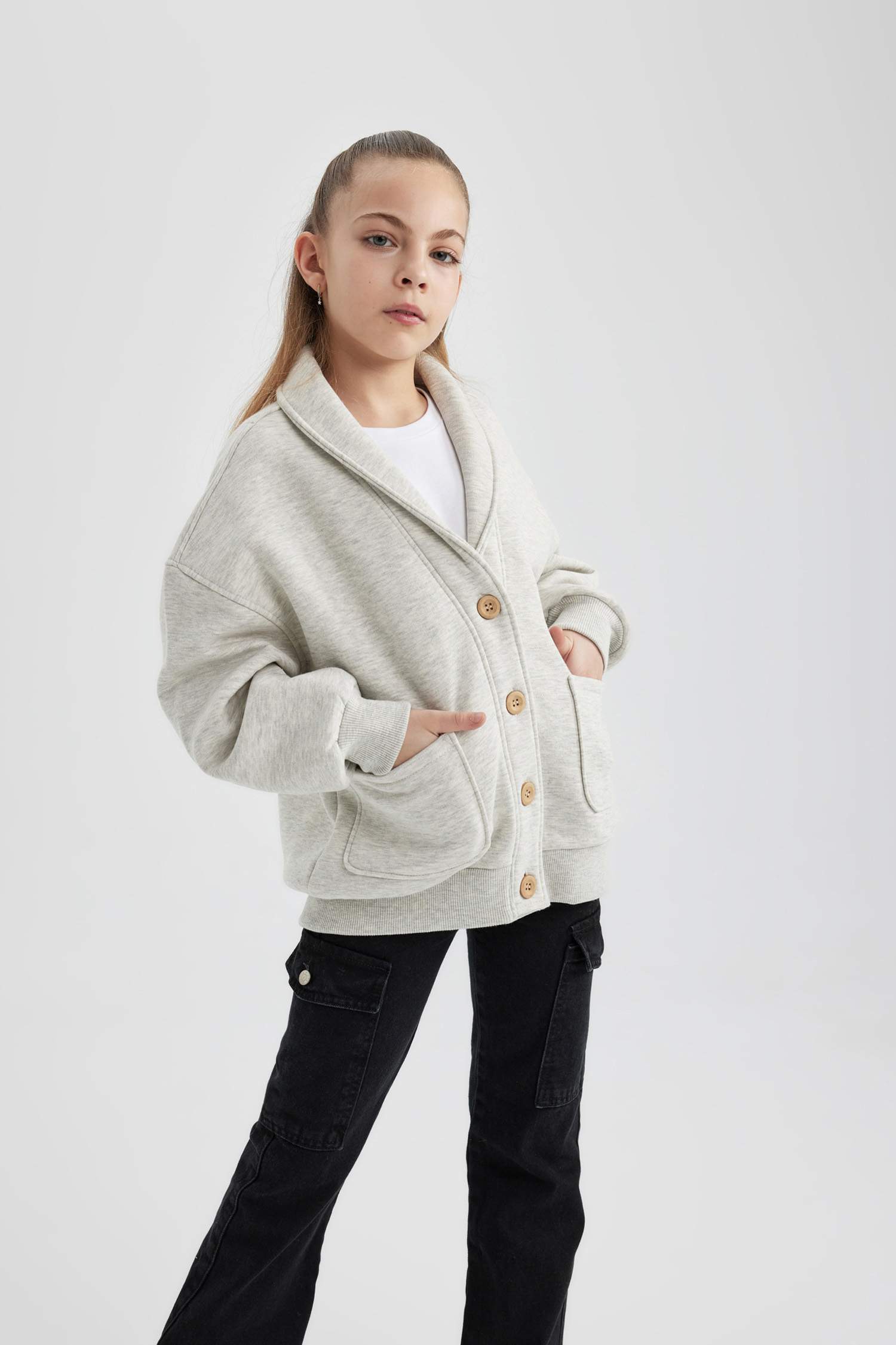 Kız Çocuk Ceket Yaka İçi Yumuşak Tüylü Düğmeli Hırka