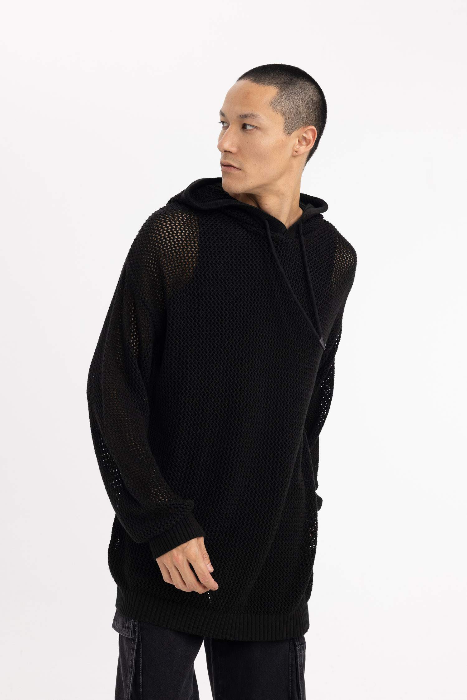 Regular Fit Kapüşonlu Kroşe Delikli Triko Sweatshirt