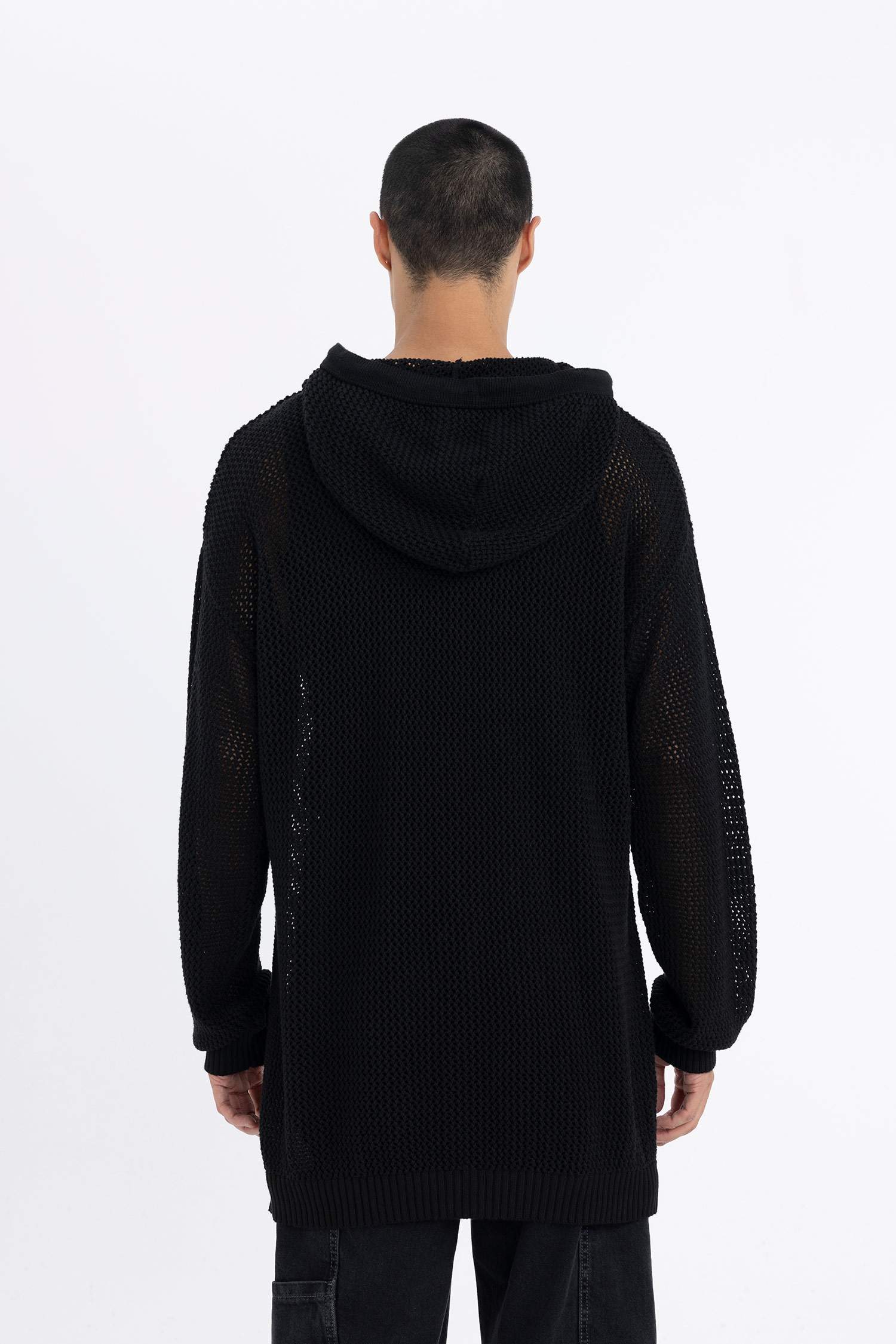 Regular Fit Kapüşonlu Kroşe Delikli Triko Sweatshirt