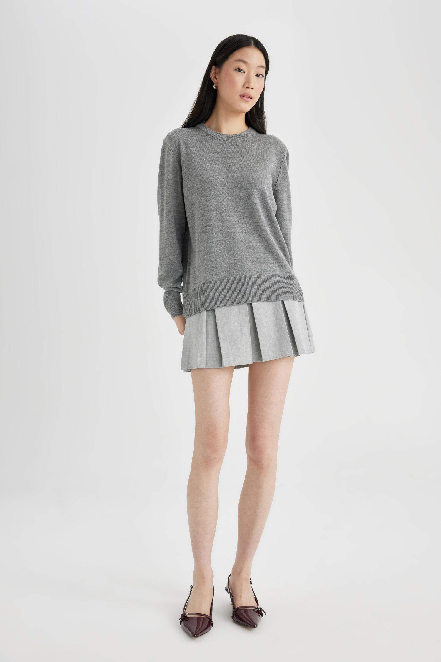 Regular Fit Yumuşak Dokulu Bisiklet Yaka Basic Düz Triko Kazak