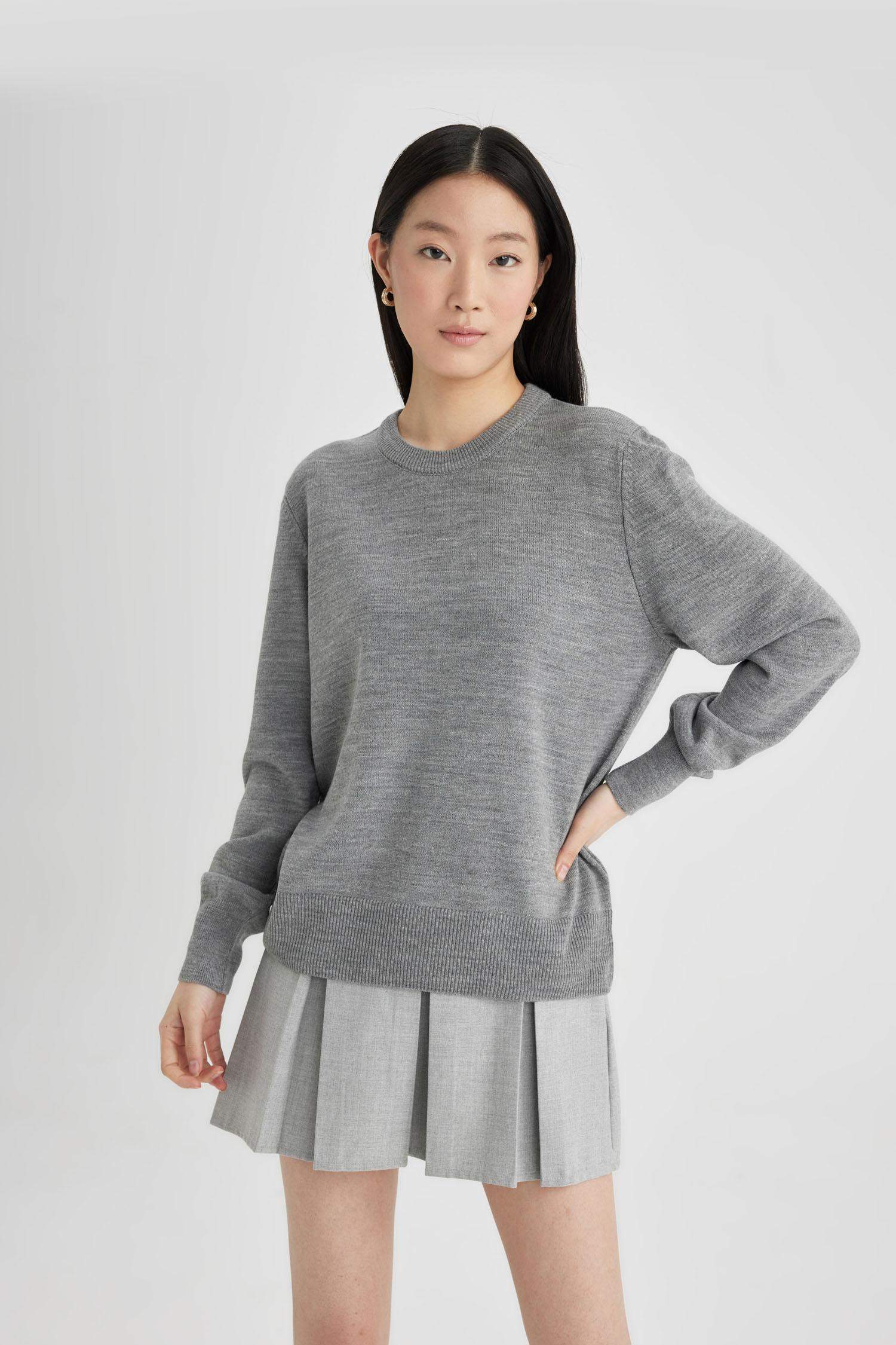 Regular Fit Yumuşak Dokulu Bisiklet Yaka Basic Düz Triko Kazak