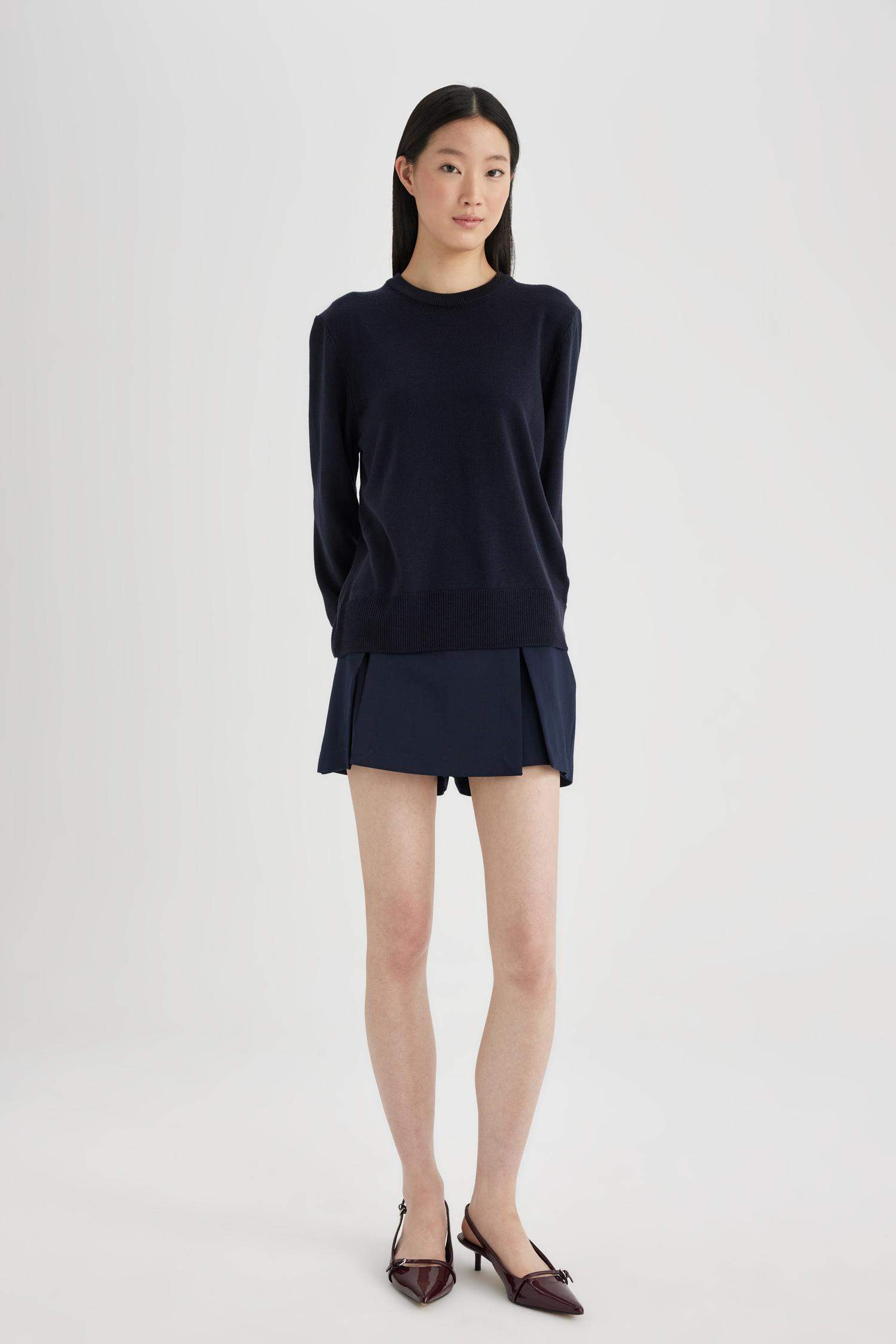 Regular Fit Yumuşak Dokulu Bisiklet Yaka Basic Düz Triko Kazak