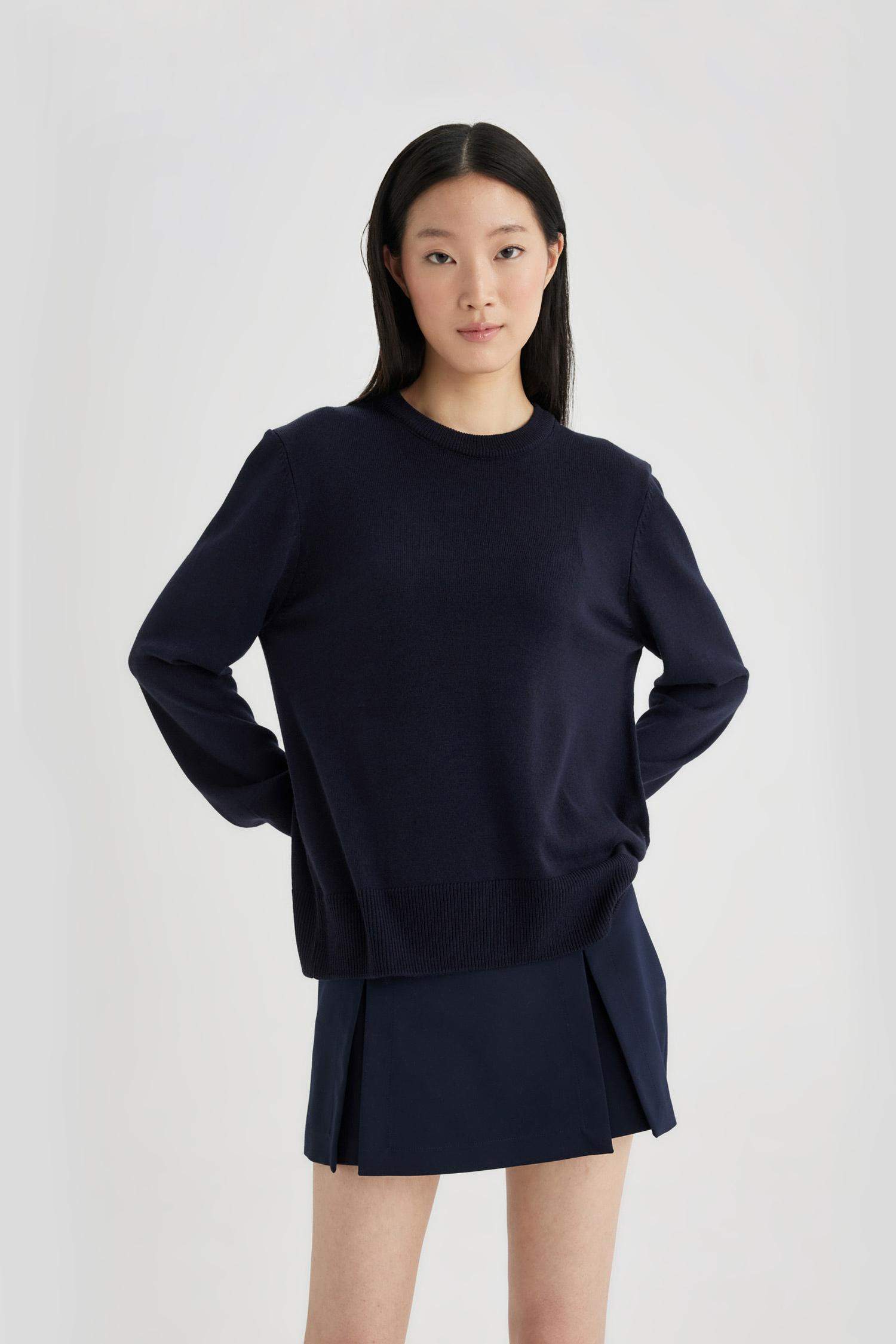 Regular Fit Yumuşak Dokulu Bisiklet Yaka Basic Düz Triko Kazak