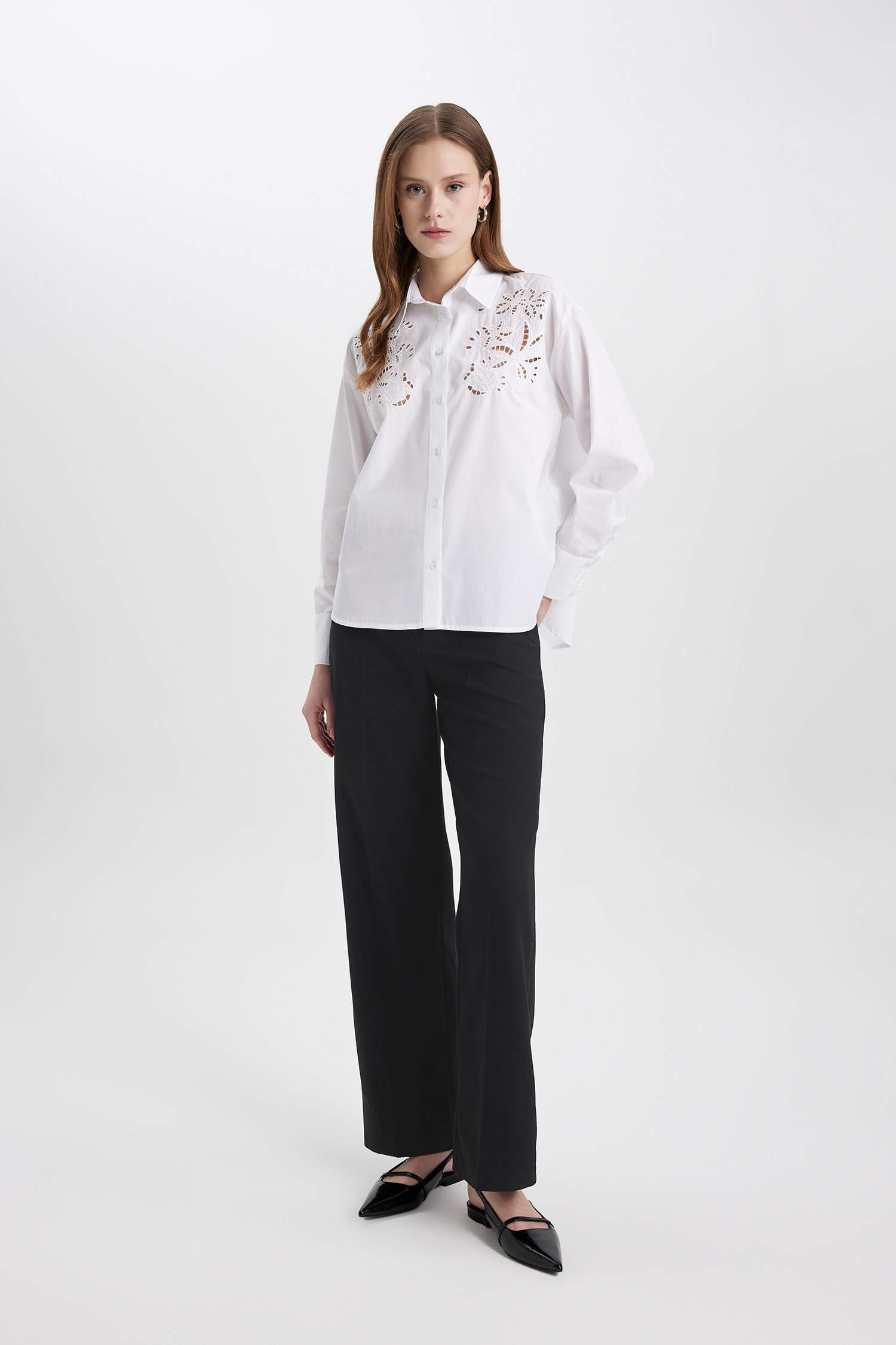Oversize Fit Perforated Poplin White Shirt