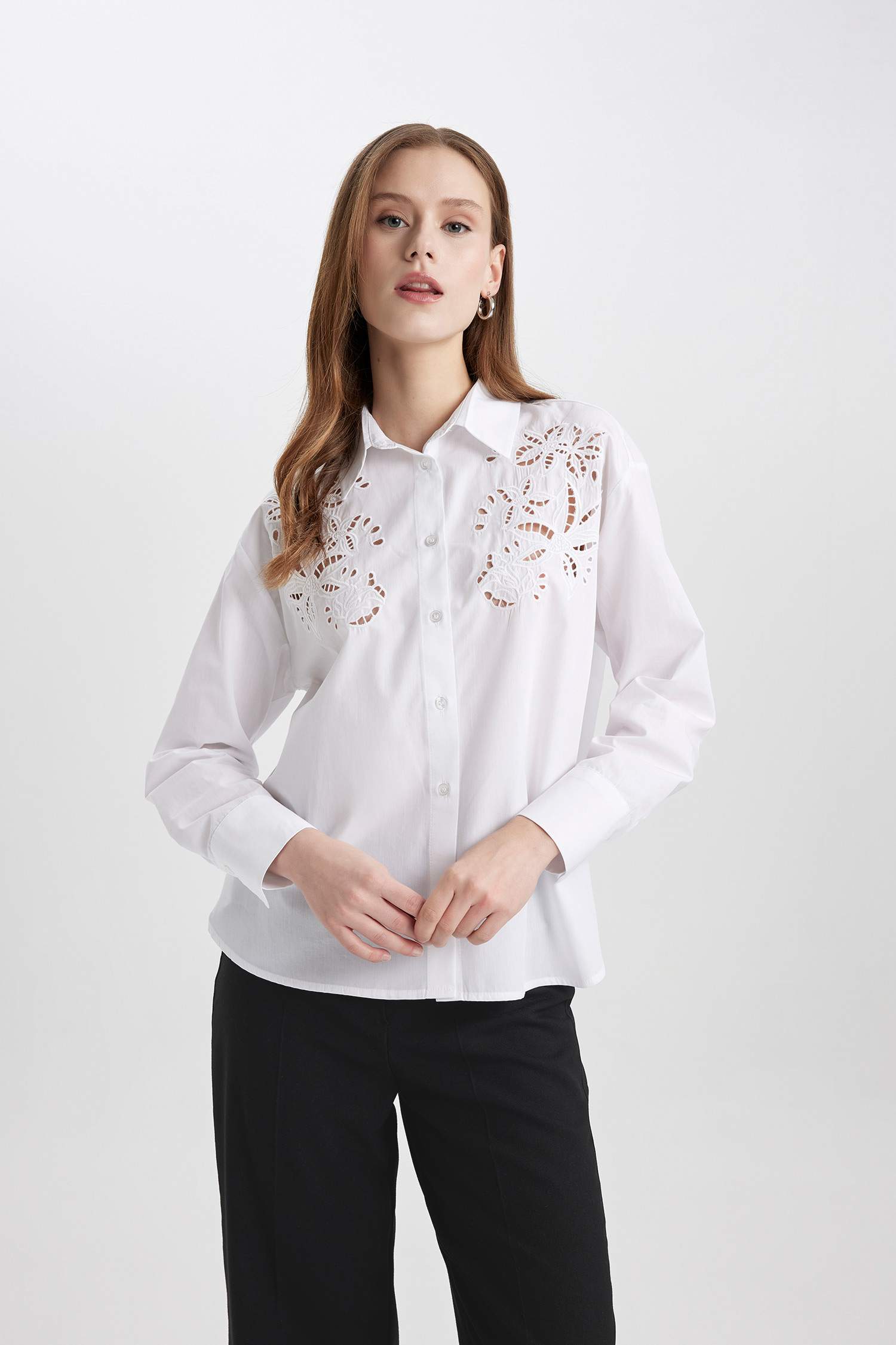 Oversize Fit Perforated Poplin White Shirt