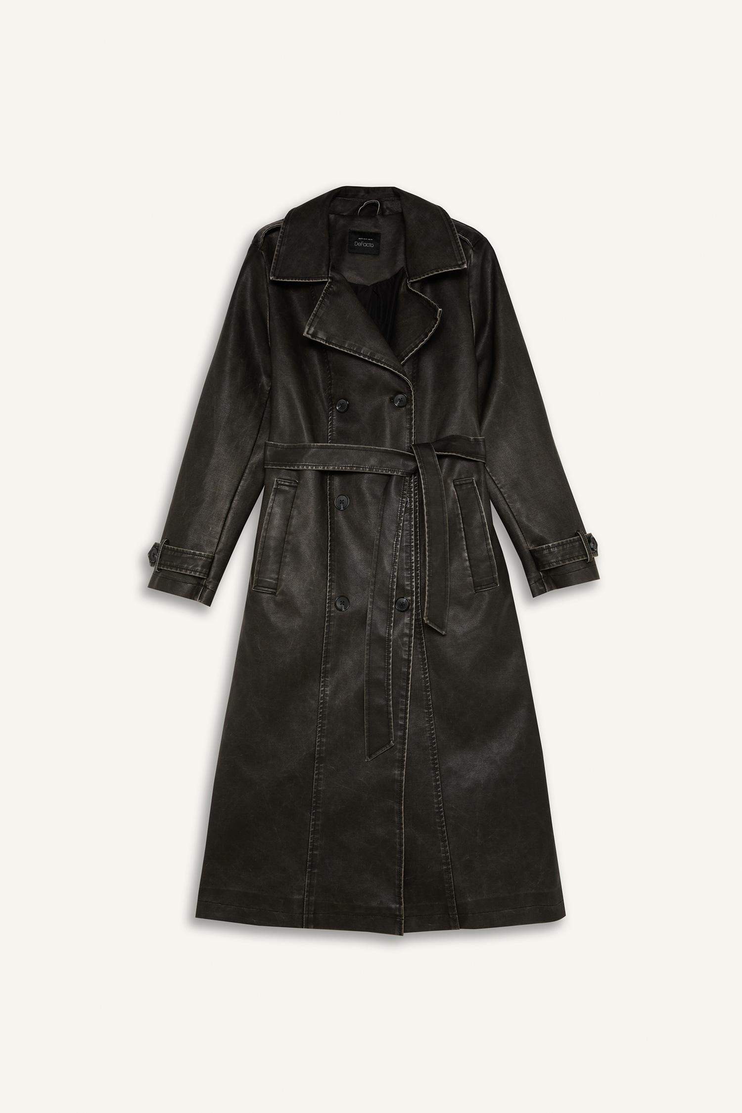 Su Geçirmez Regular Kalıp Kemerli Cepli Eskitme Suni Deri Uzun Trençkot