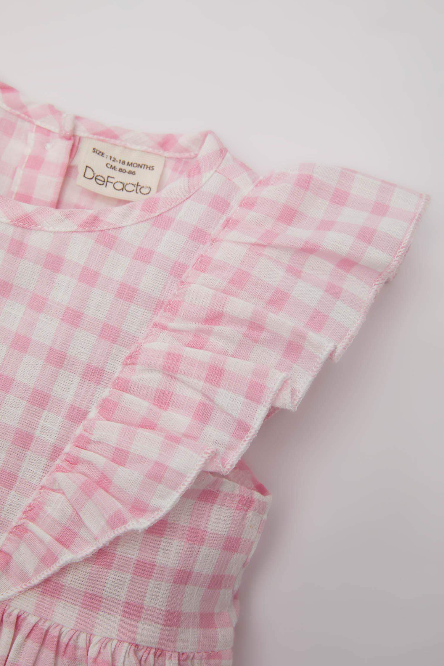 Kız Bebek Kareli Kolsuz Keten Görünümlü Elbise