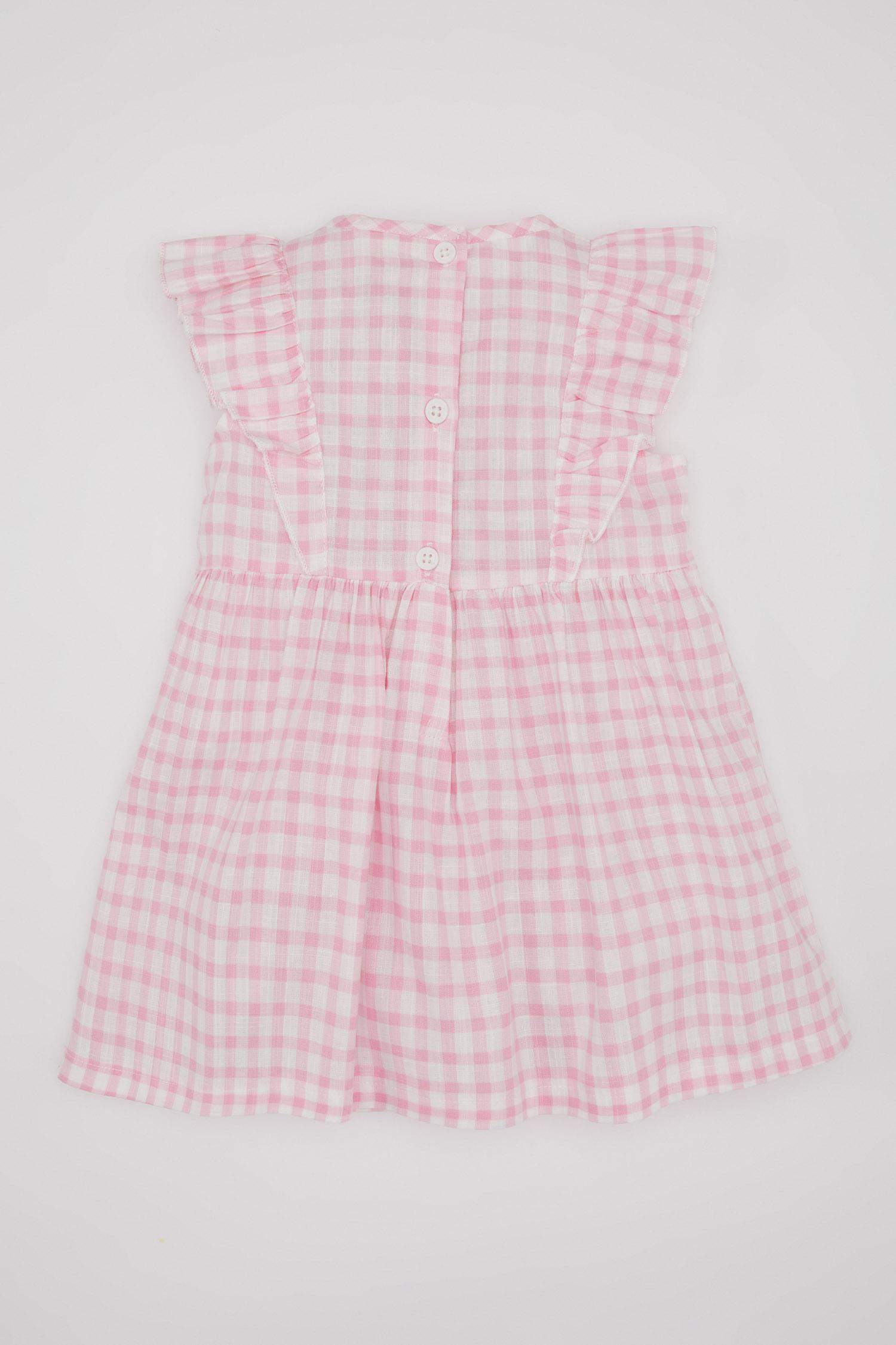 Kız Bebek Kareli Kolsuz Keten Görünümlü Elbise