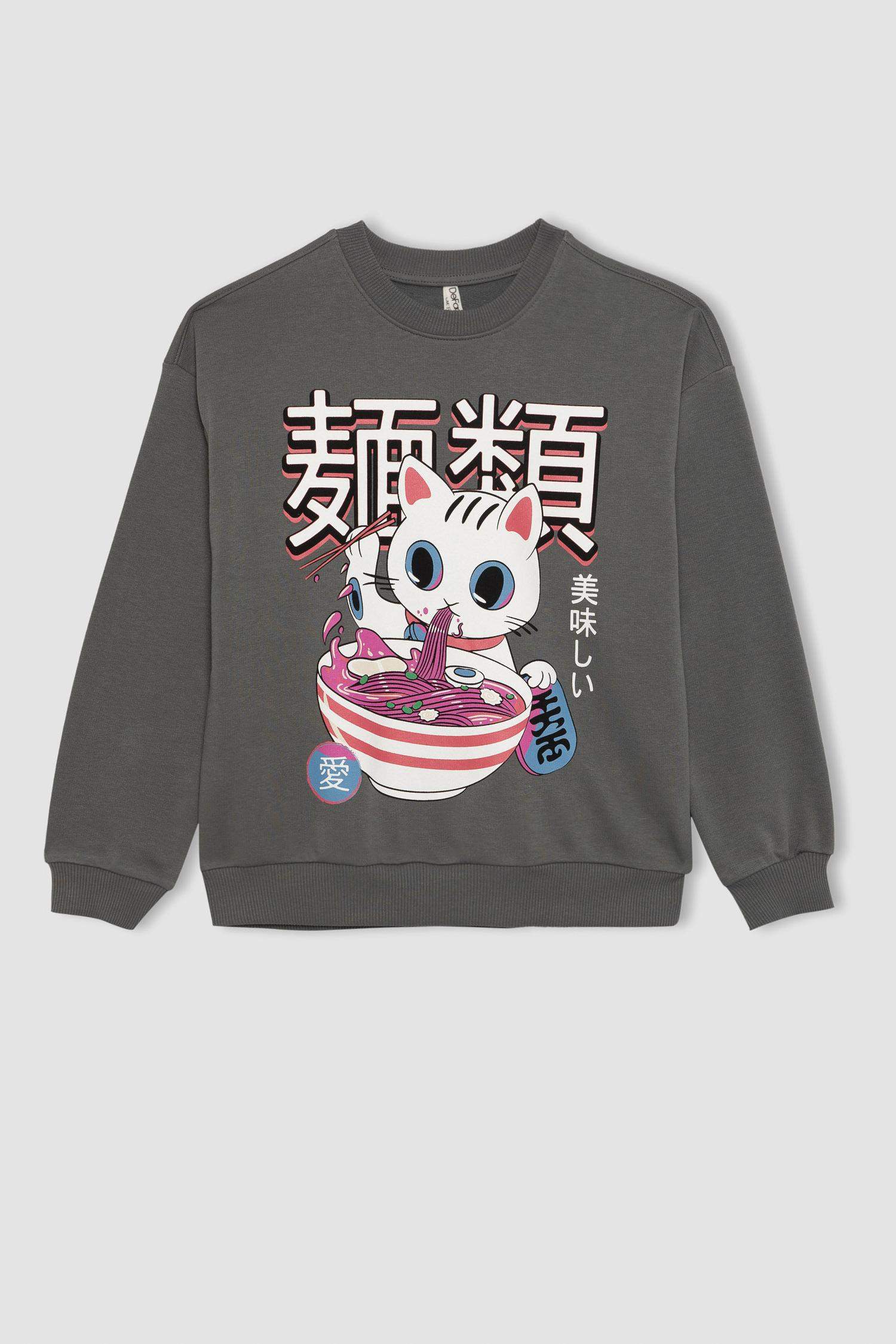 سويت شيرت بناتي بطبعة شعار اوفر سايز بياخة مستديرة