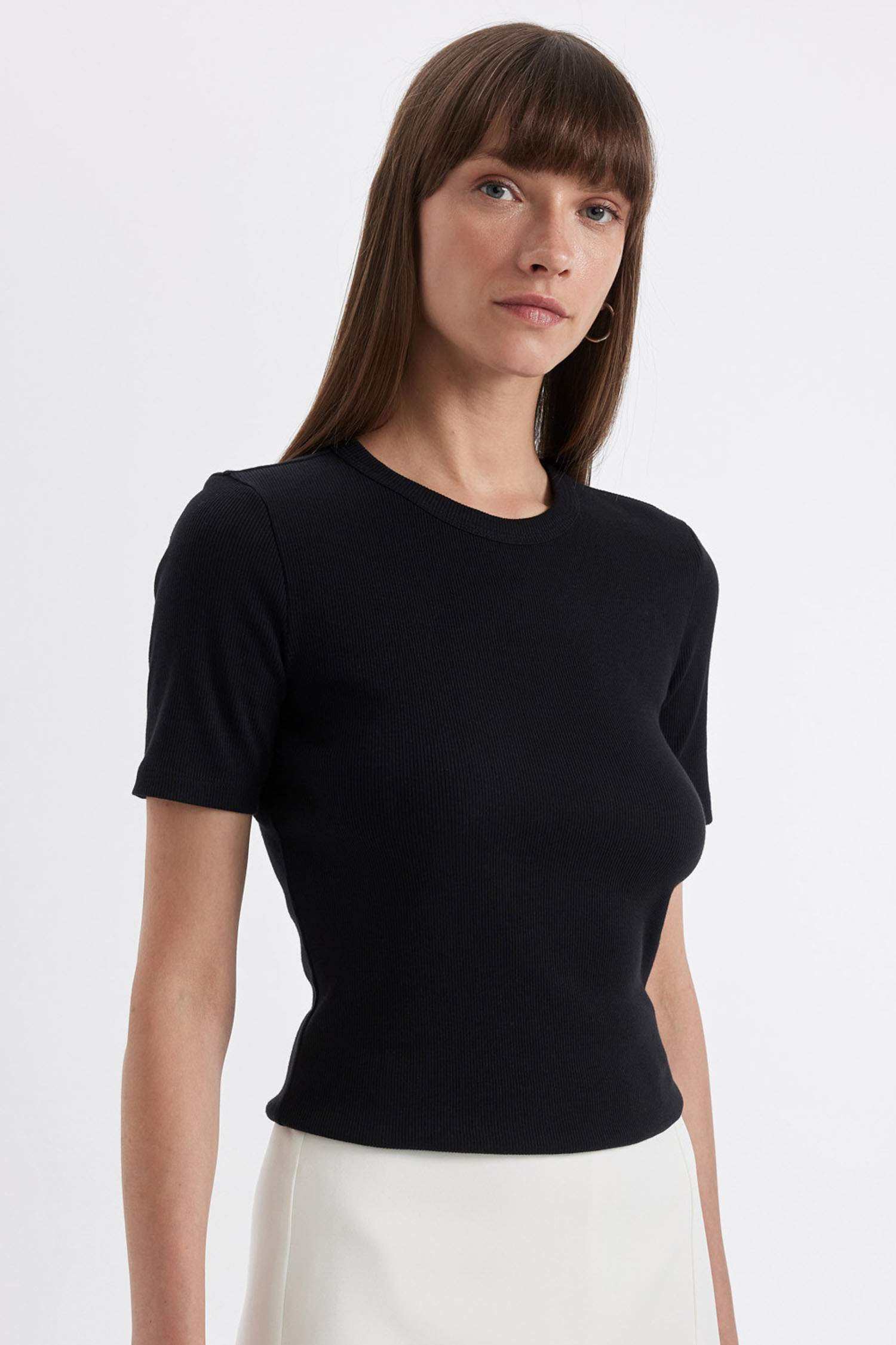 Siyah Slim Fit Dar Kesim Bisiklet Yaka Fitilli Kaşkorse Basic Düz Kısa Kollu Siyah Tişört