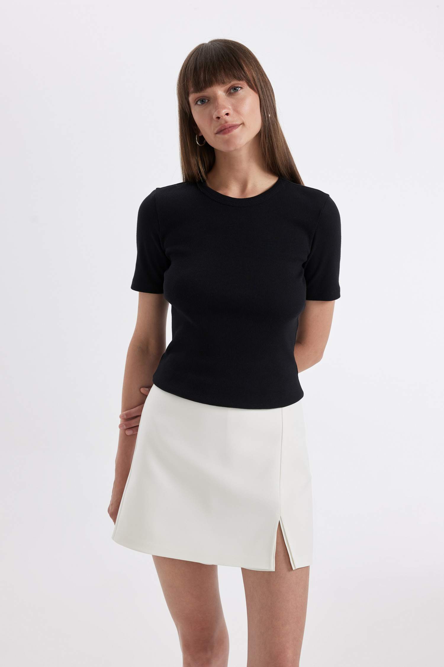 Siyah Slim Fit Dar Kesim Bisiklet Yaka Fitilli Kaşkorse Basic Düz Kısa Kollu Siyah Tişört