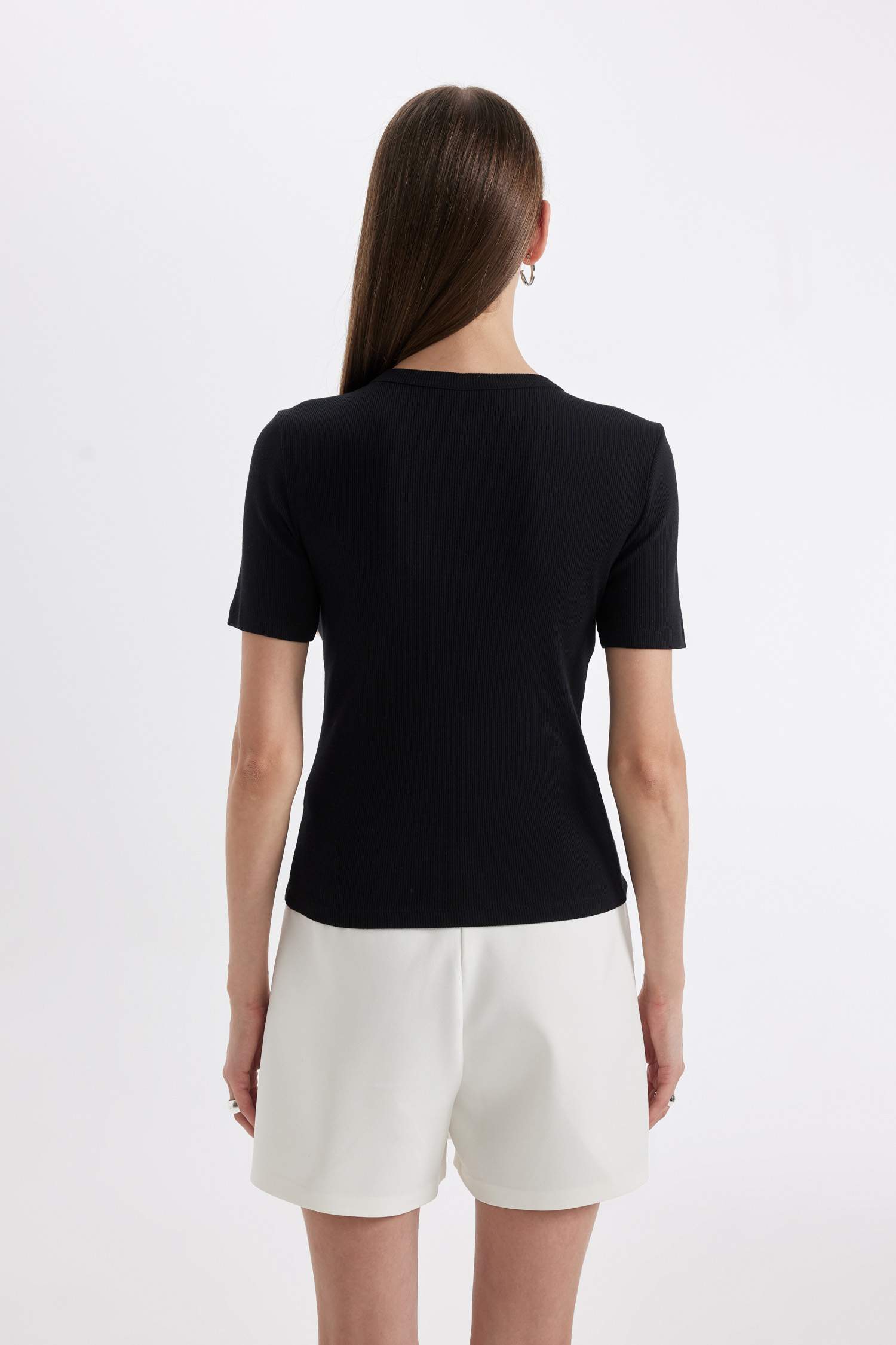 Siyah Slim Fit Dar Kesim Bisiklet Yaka Fitilli Kaşkorse Basic Düz Kısa Kollu Siyah Tişört