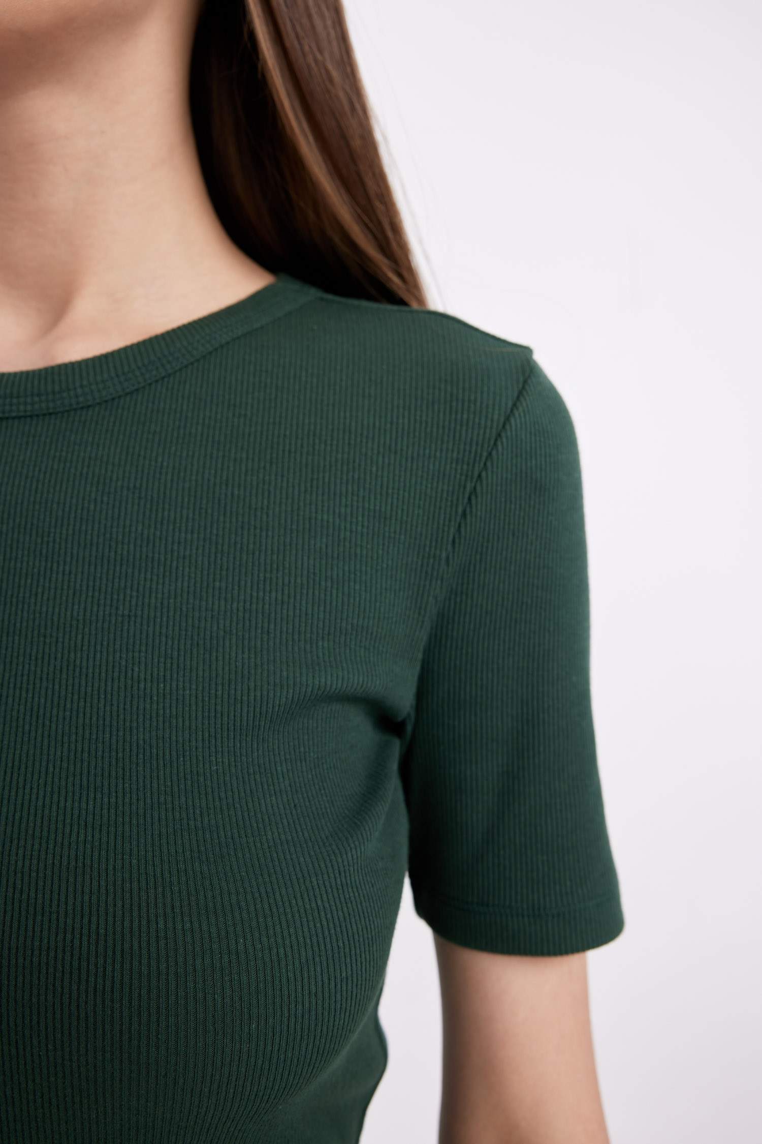 Slim Fit Dar Kesim Bisiklet Yaka Fitilli Kaşkorse Basic Düz Kısa Kollu Tişört